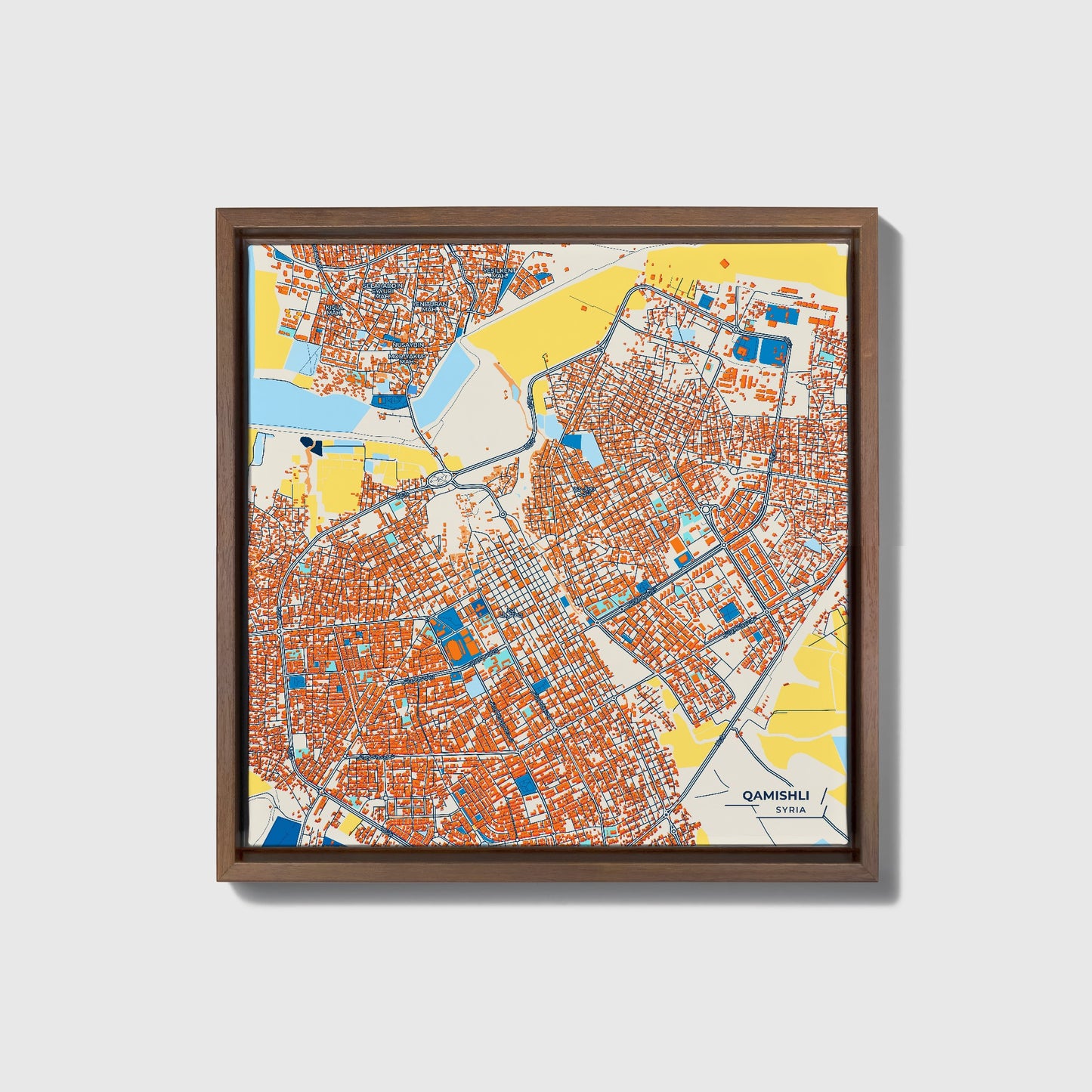 Qamishli Syria Colorful City Map Canvas Print • Dark Wooden Framed