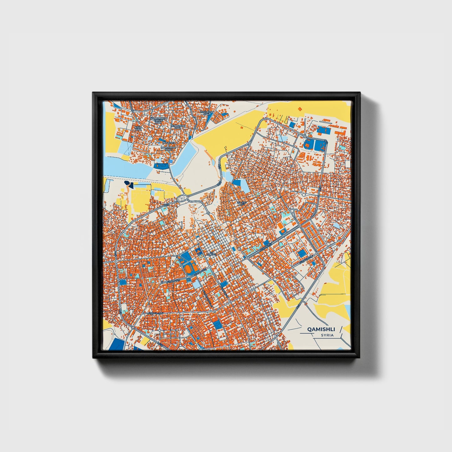 Qamishli Syria Colorful City Map Canvas Print • Black Framed