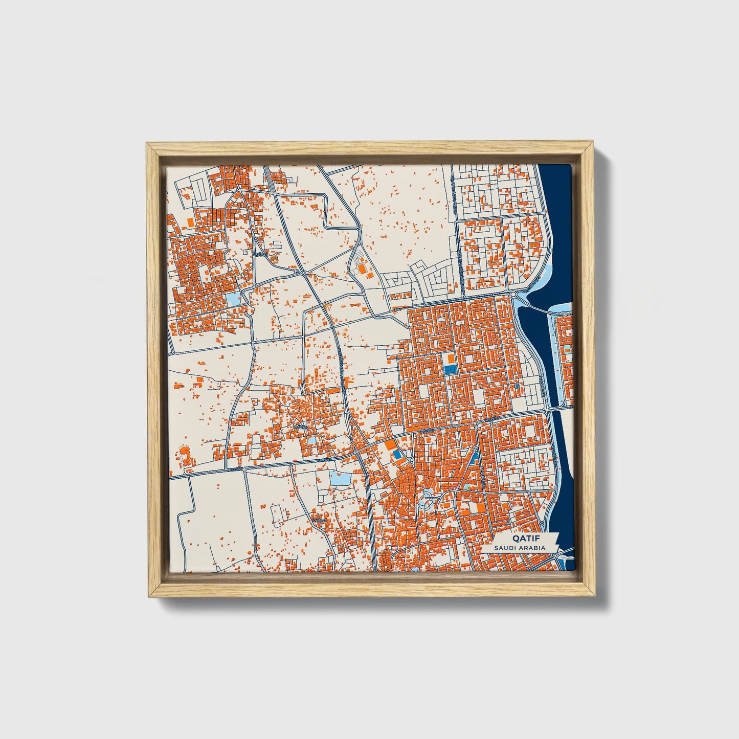 Qatif Saudi Arabia Colorful City Map Canvas Print • Natural Wooden Framed