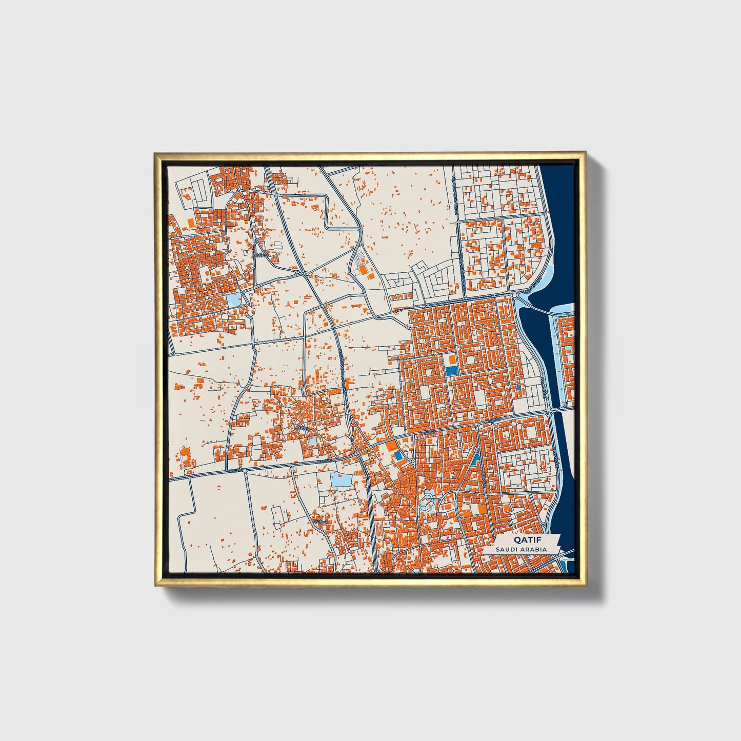 Qatif Saudi Arabia Colorful City Map Canvas Print • Gold Framed