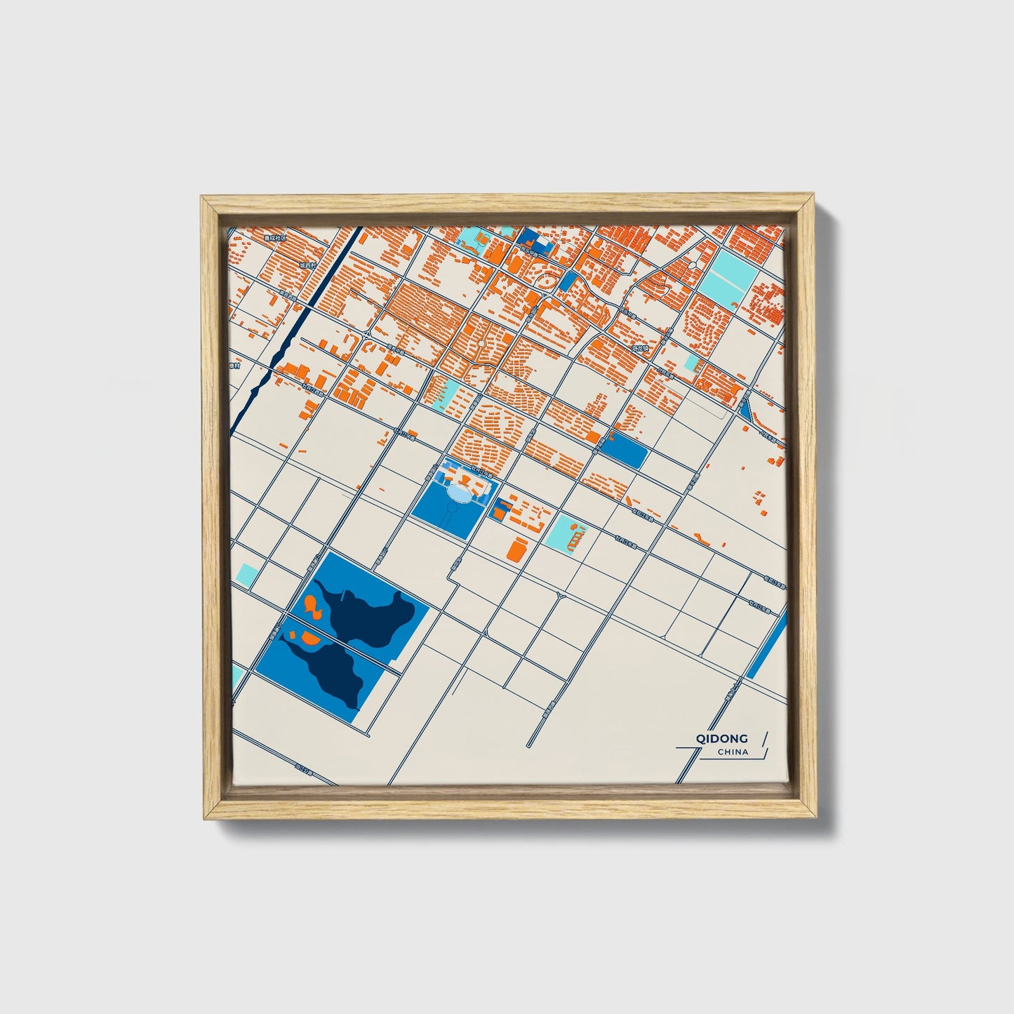 Qidong China Colorful City Map Canvas Print • Natural Wooden Framed