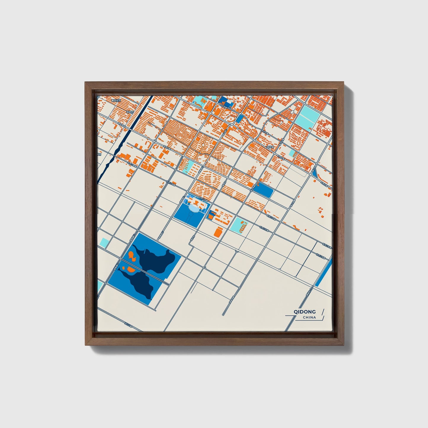 Qidong China Colorful City Map Canvas Print • Dark Wooden Framed