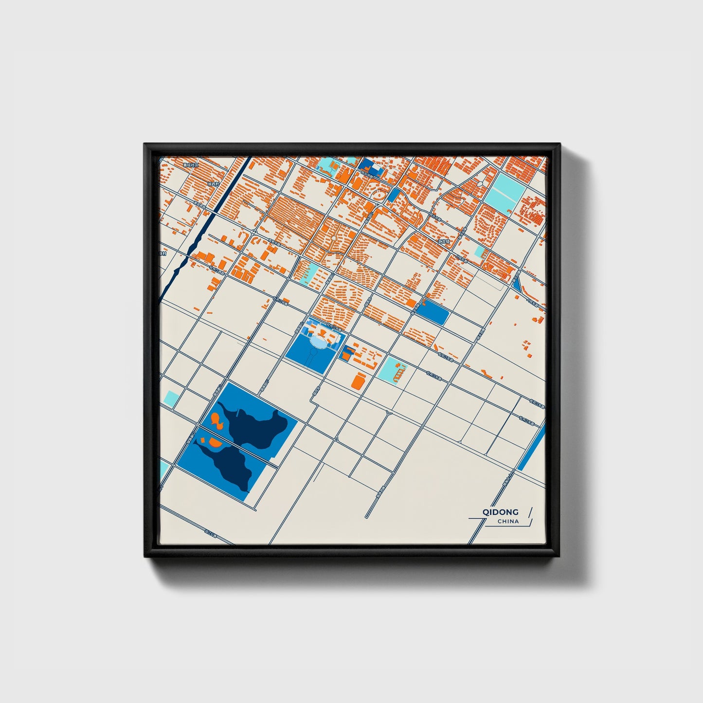 Qidong China Colorful City Map Canvas Print • Black Framed