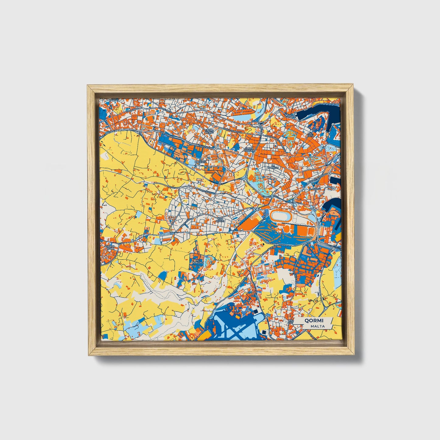  Qormi Malta Colorful City Map Canvas Print • Natural Wooden Framed