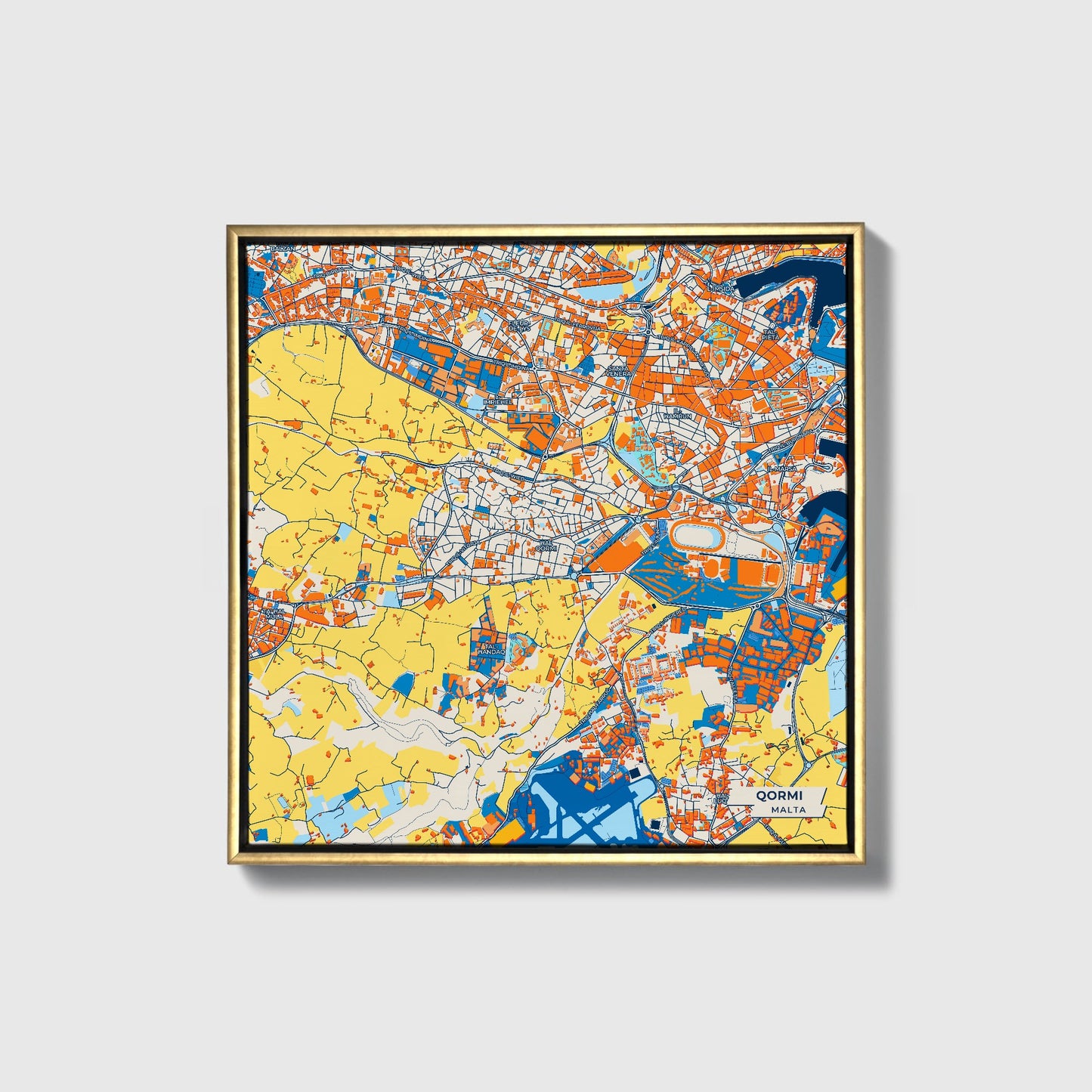  Qormi Malta Colorful City Map Canvas Print • Gold Framed