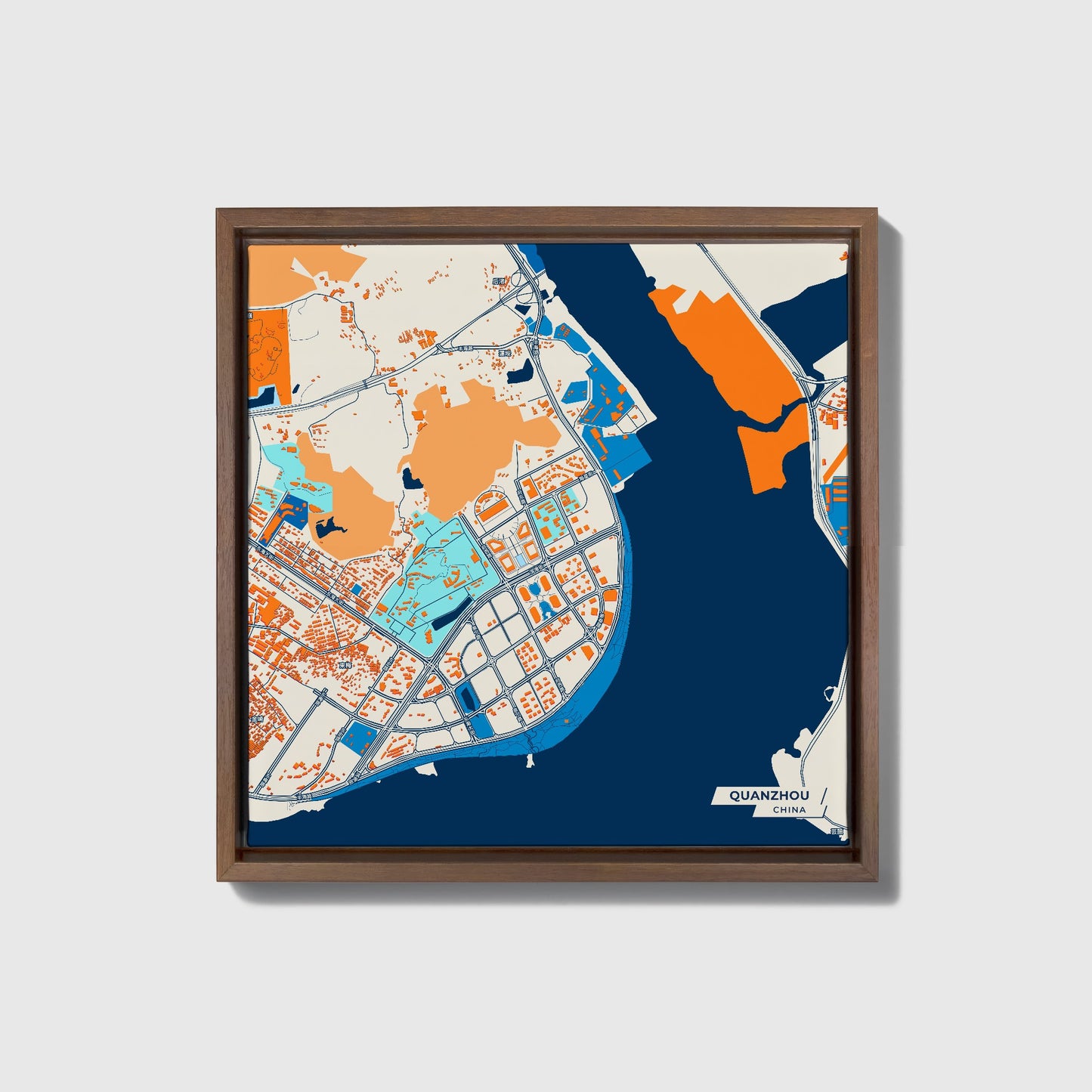 Quanzhou China Colorful City Map Canvas Print • Dark Wooden Framed