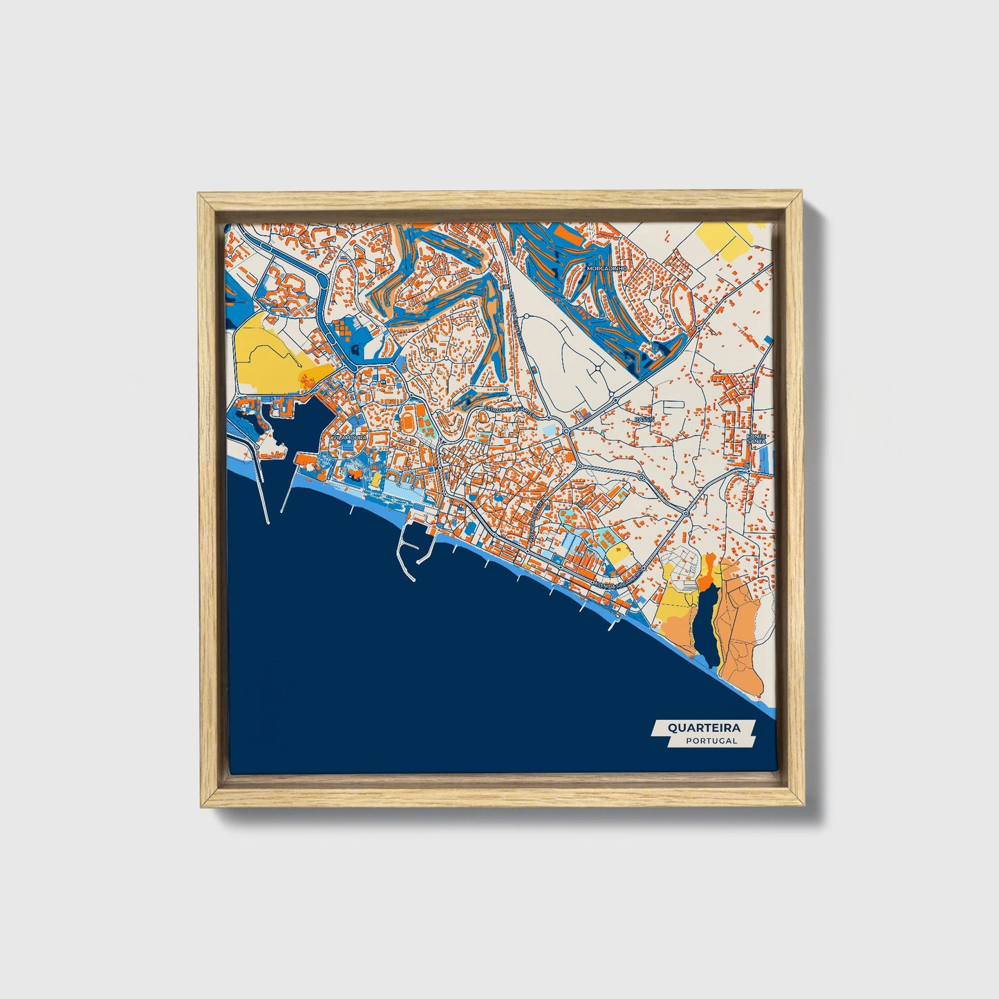 Quarteira Portugal Colorful City Map Canvas Print • Natural Wooden Framed