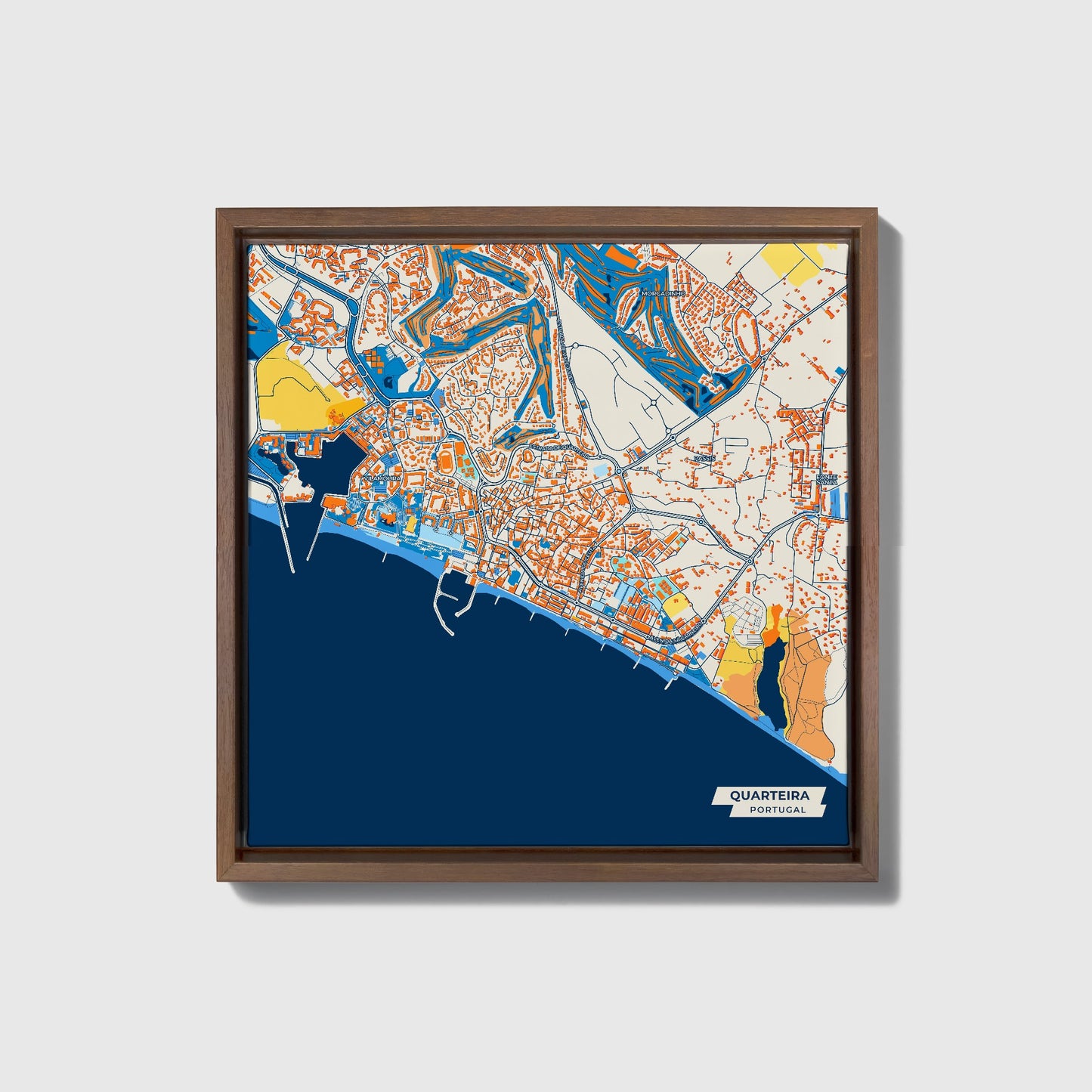 Quarteira Portugal Colorful City Map Canvas Print • Dark Wooden Framed