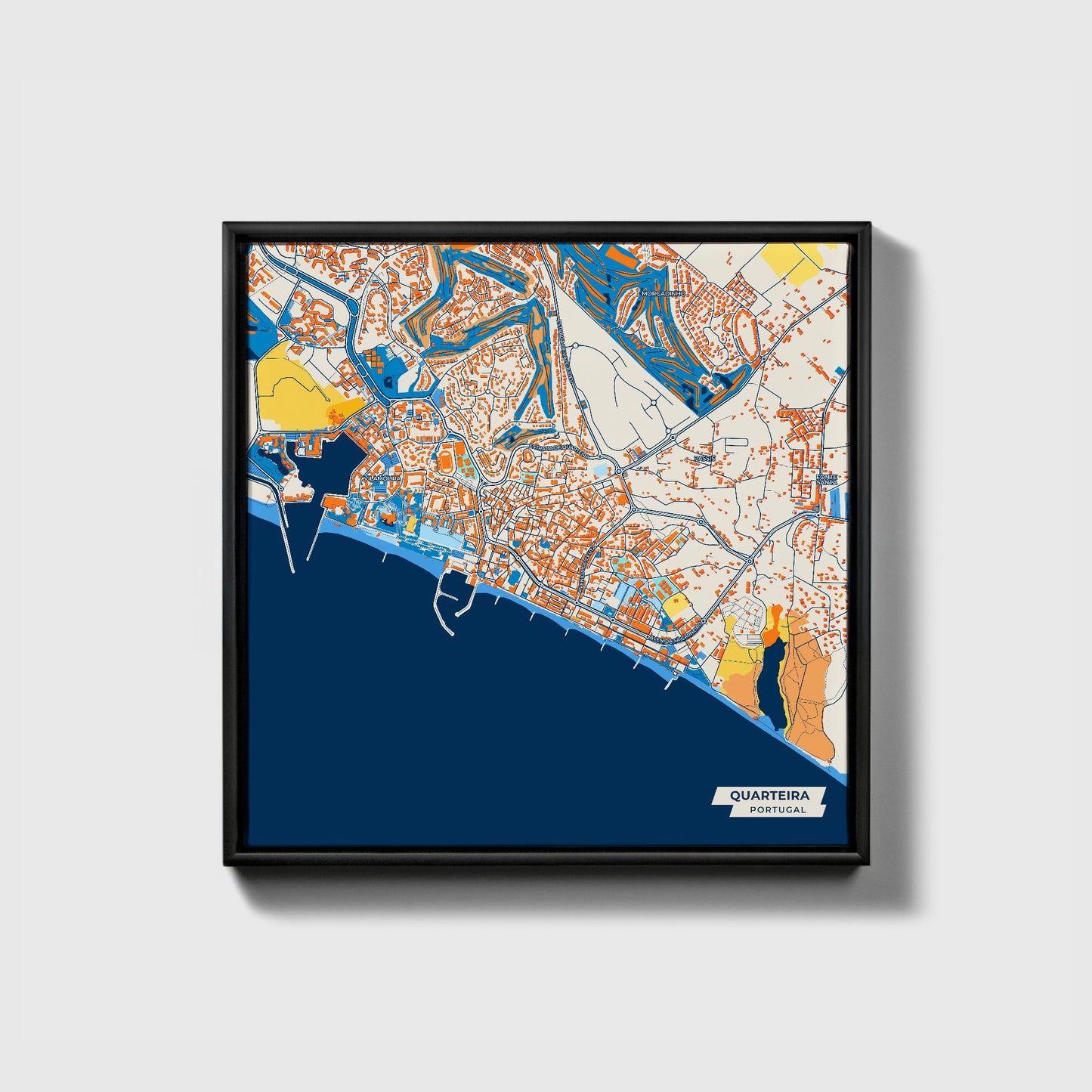 Quarteira Portugal Colorful City Map Canvas Print • Black Framed