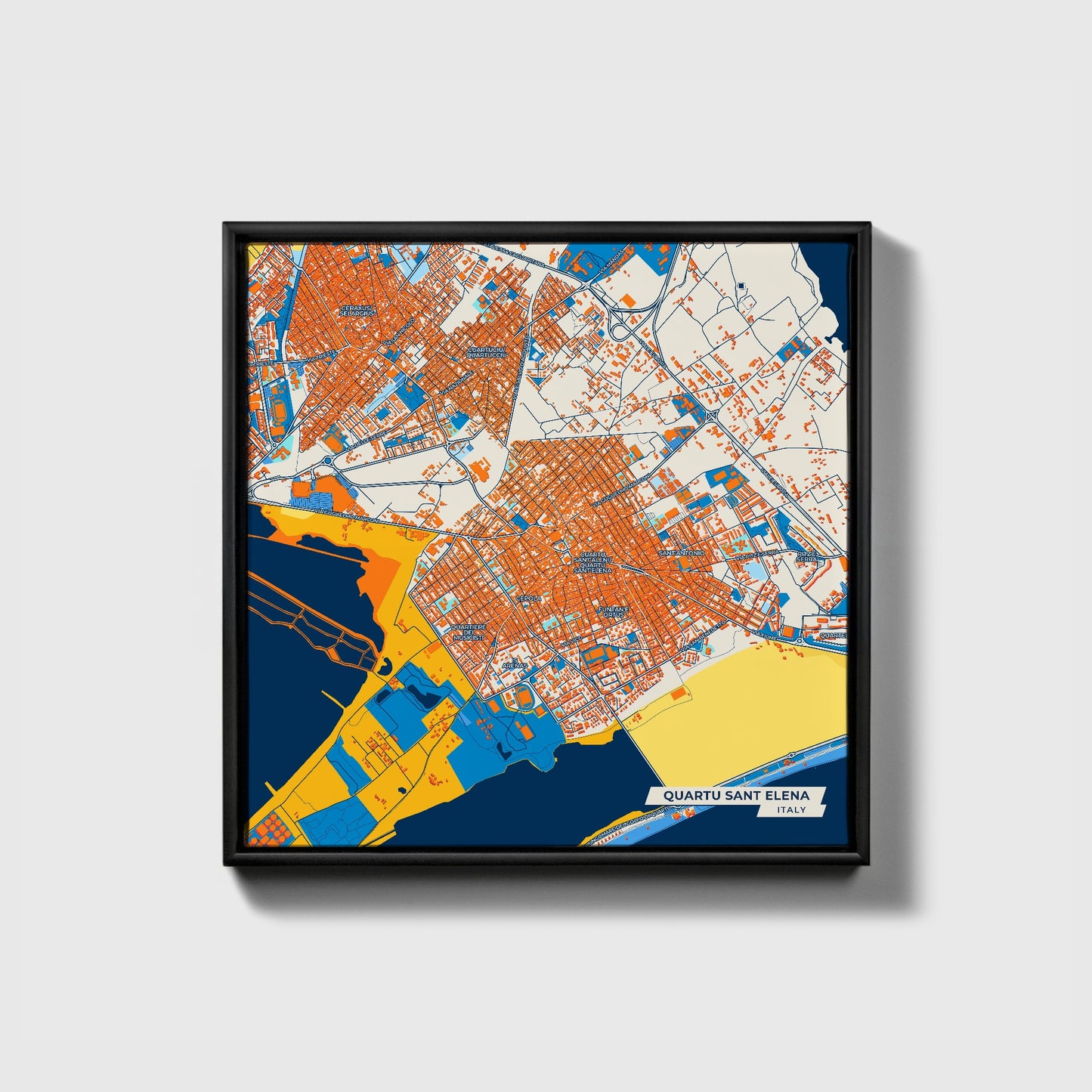 Quartu Sant Elena Italy Colorful City Map Canvas Print • Black Framed