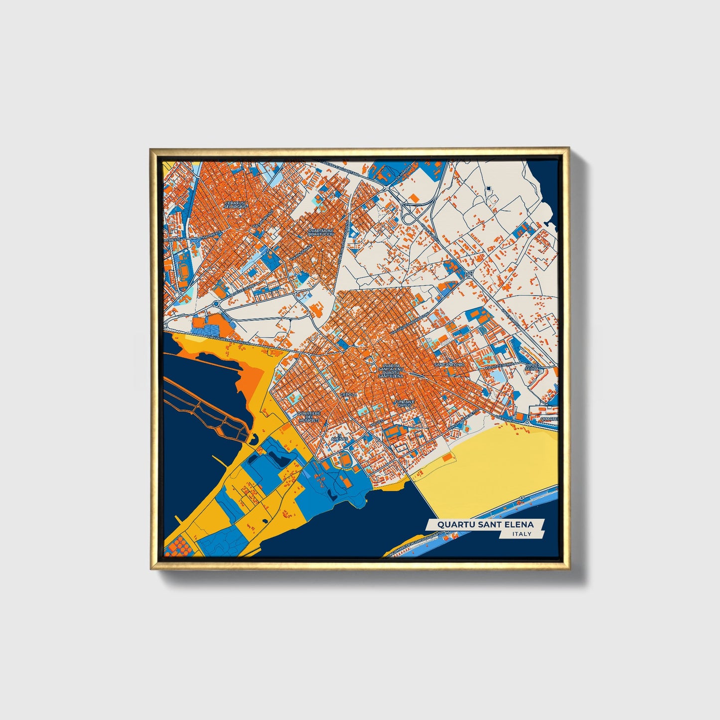 Quartu Sant Elena Italy Colorful City Map Canvas Print • Gold Framed