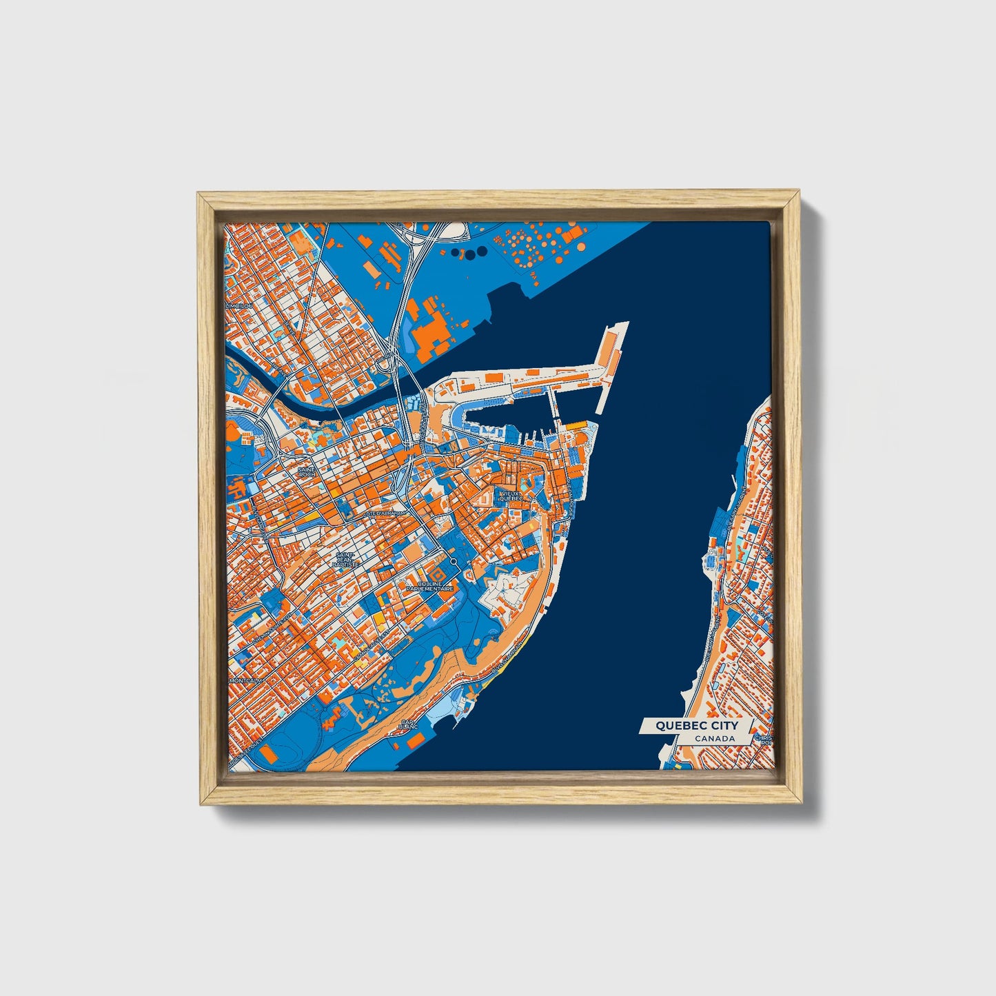 Quebec City Canada Colorful City Map Canvas Print • Natural Wooden Framed