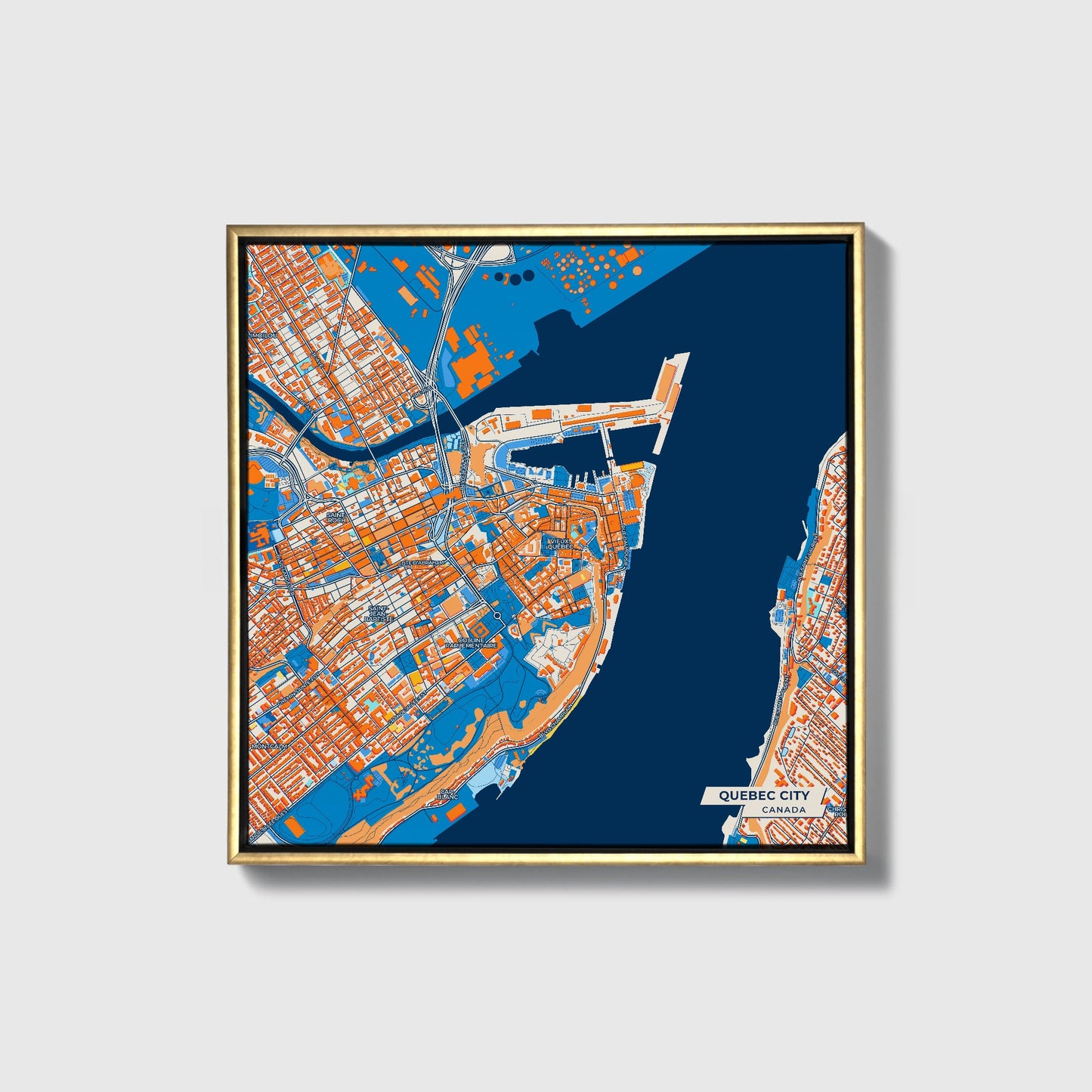 Quebec City Canada Colorful City Map Canvas Print • Gold Framed