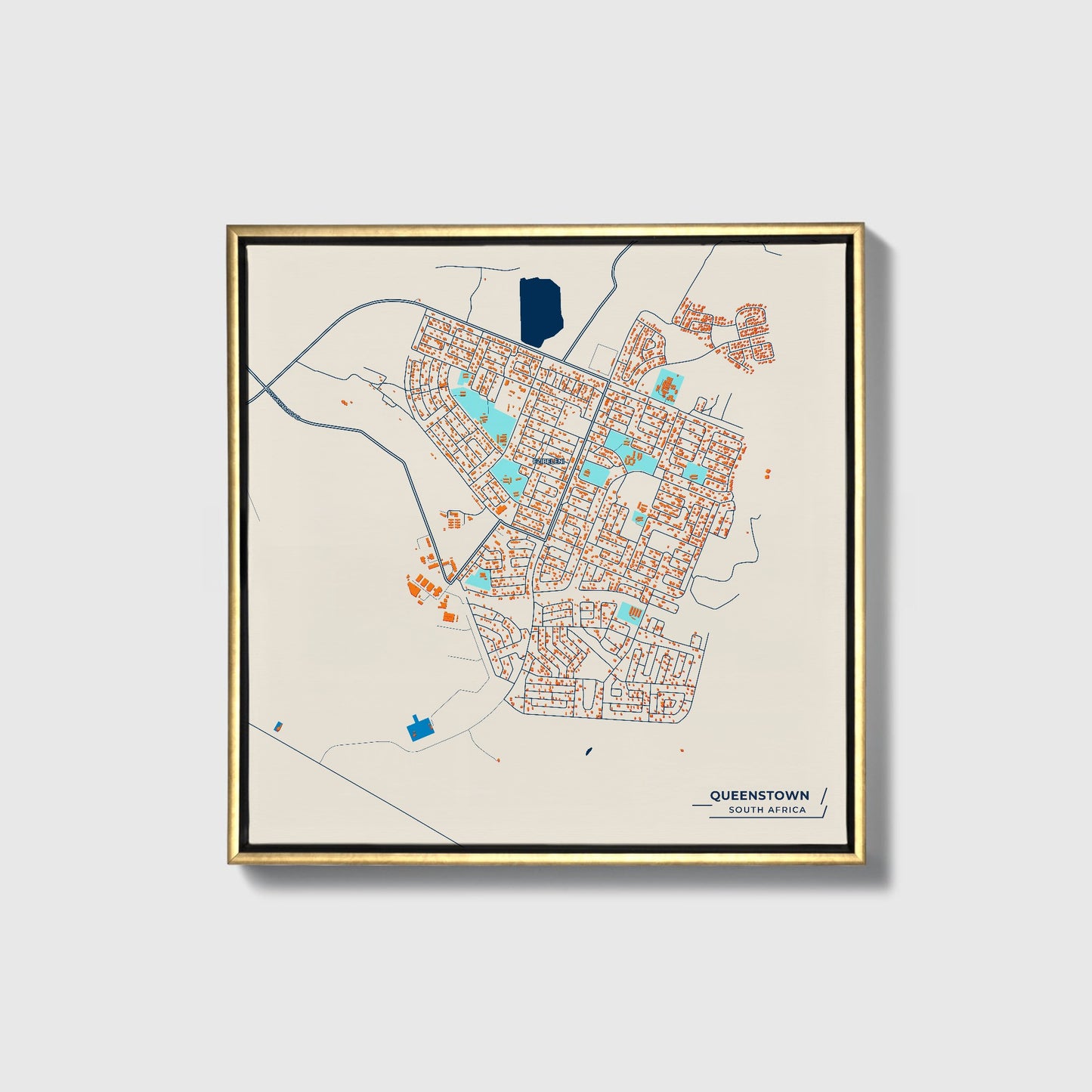 Queenstown South Africa Colorful City Map Canvas Print • Gold Framed