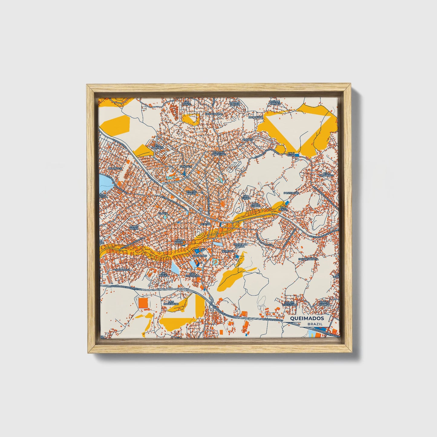 Queimados Brazil Colorful City Map Canvas Print • Natural Wooden Framed
