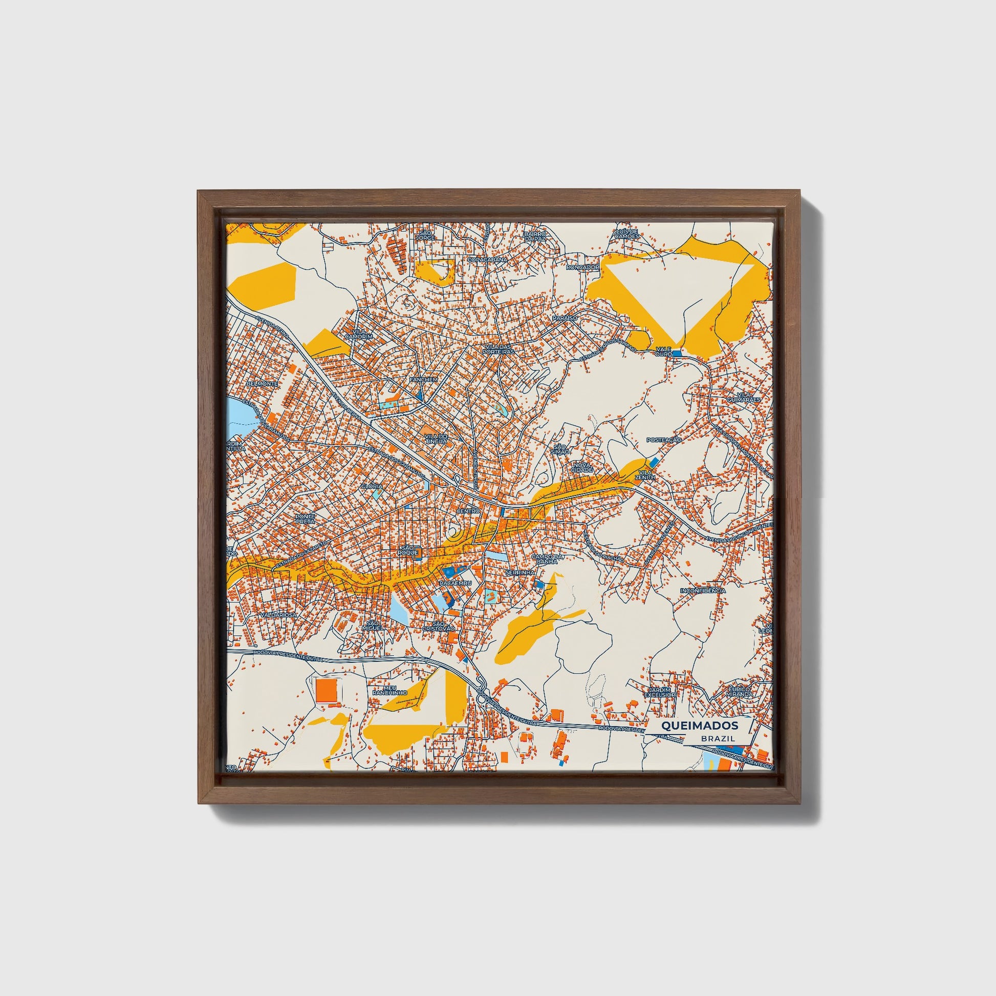 Queimados Brazil Colorful City Map Canvas Print • Dark Wooden Framed