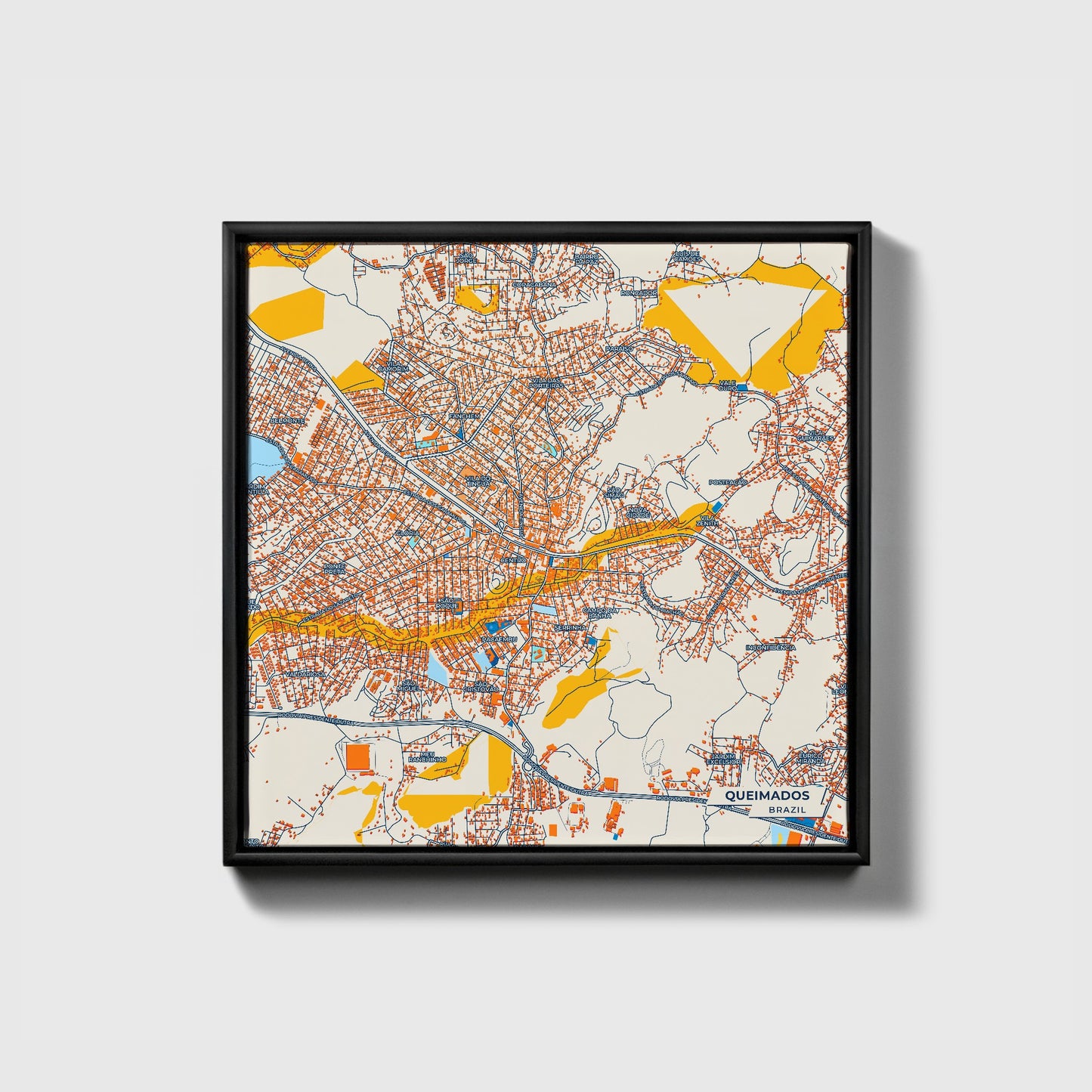 Queimados Brazil Colorful City Map Canvas Print • Black Framed