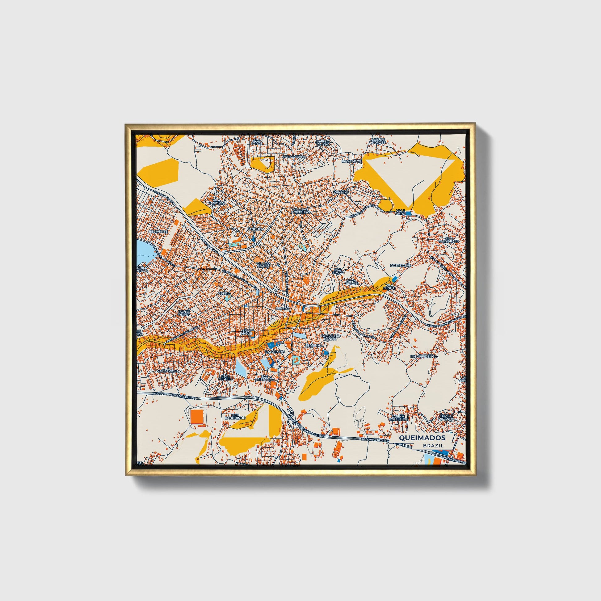 Queimados Brazil Colorful City Map Canvas Print • Gold Framed