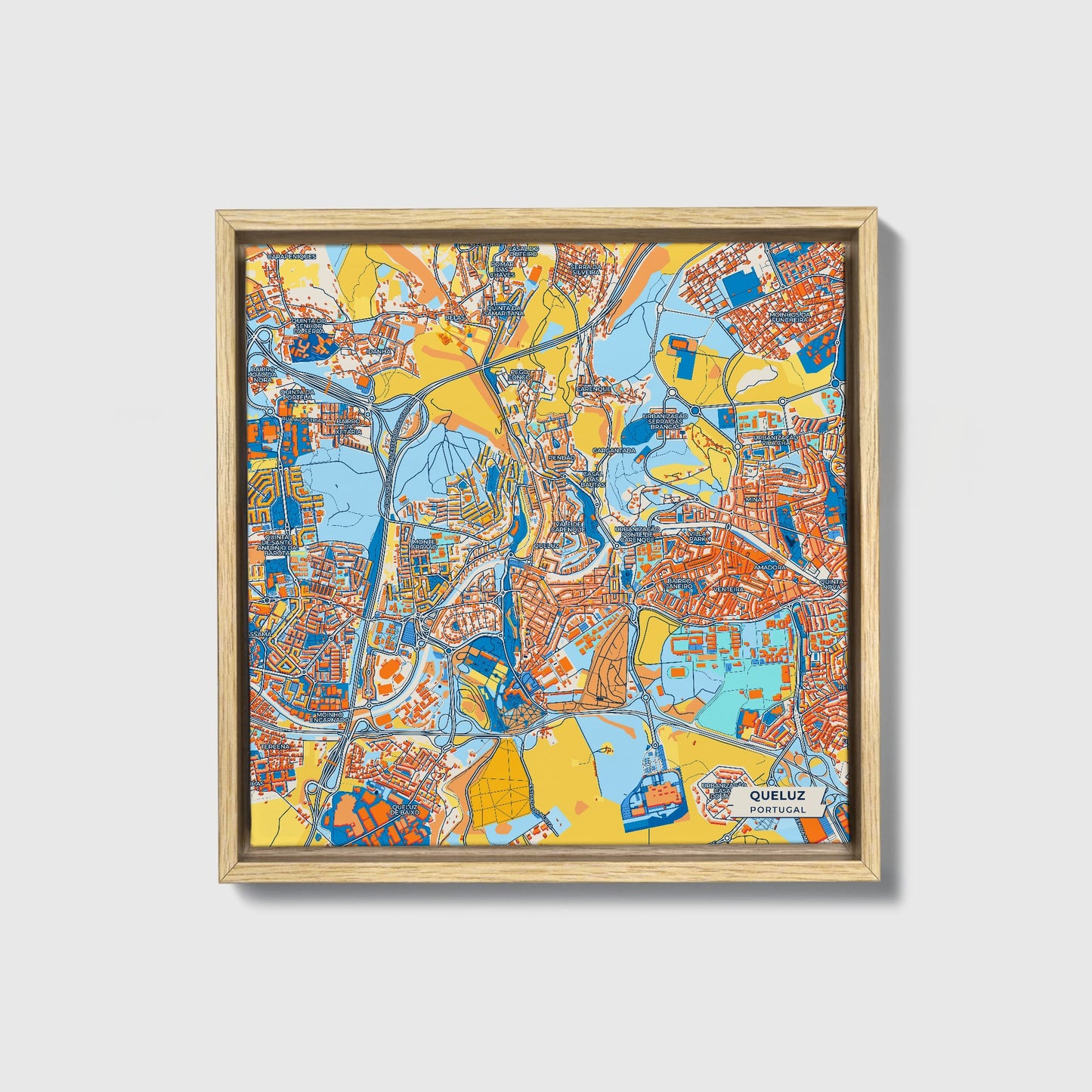 Queluz Portugal Colorful City Map Canvas Print • Natural Wooden Framed