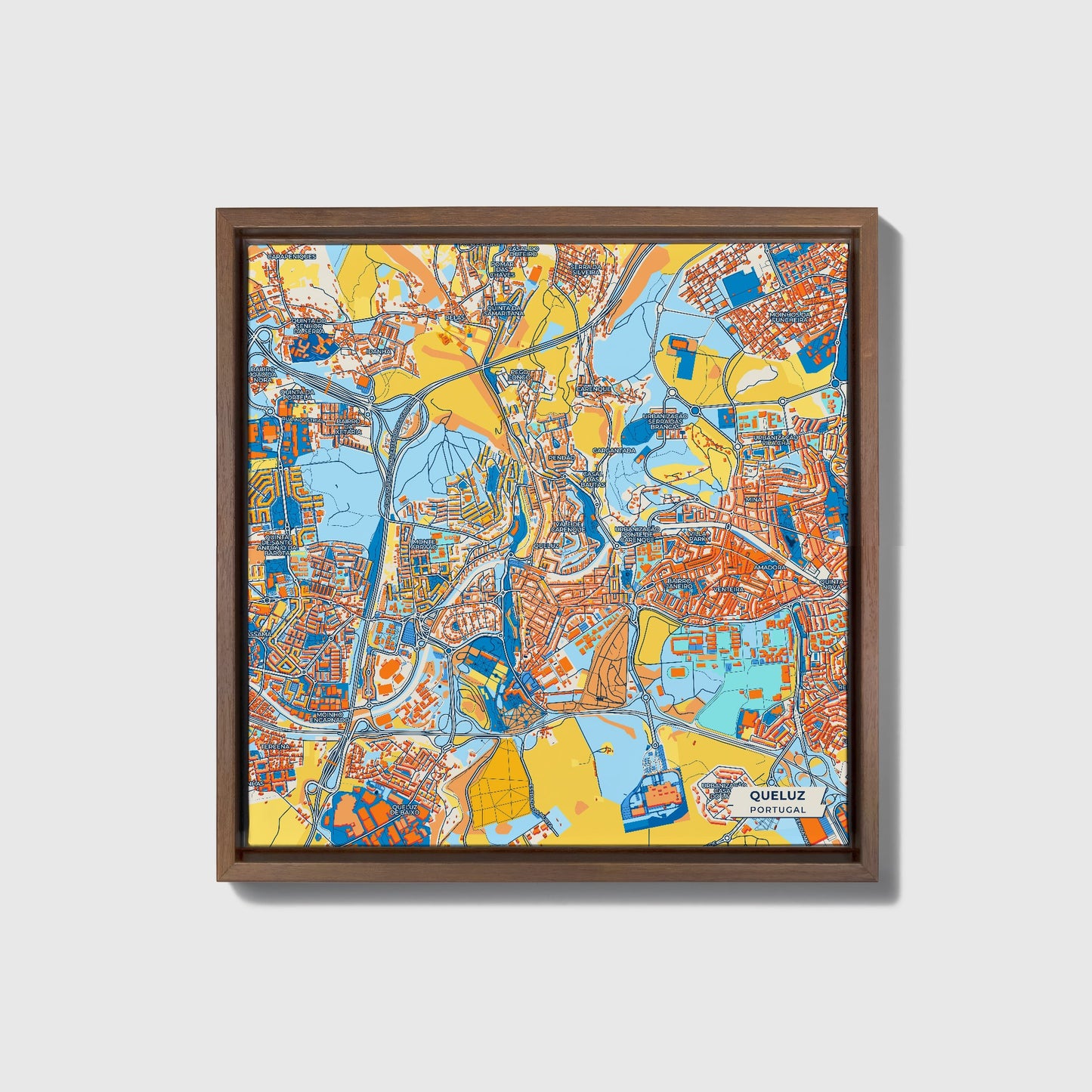 Queluz Portugal Colorful City Map Canvas Print • Dark Wooden Framed