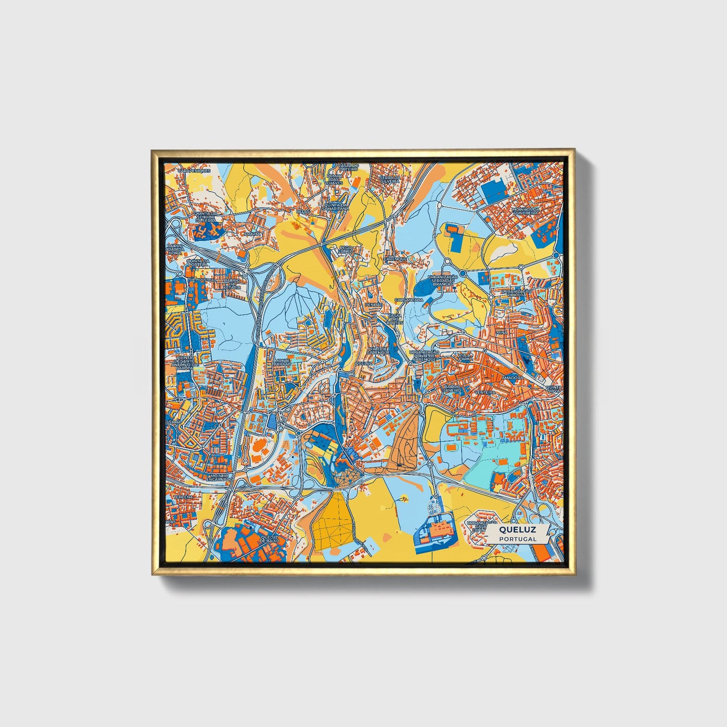 Queluz Portugal Colorful City Map Canvas Print • Gold Framed