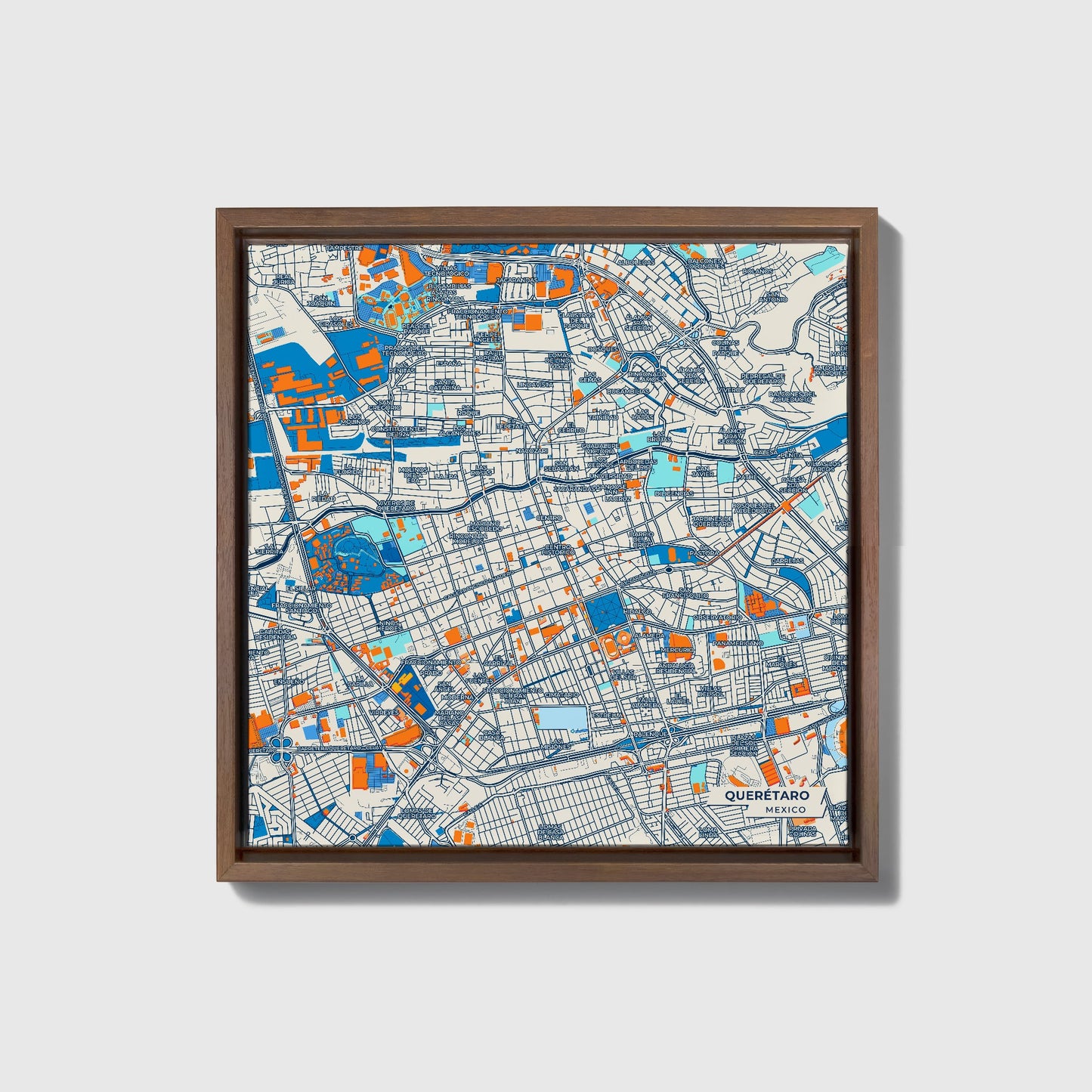 Querétaro Mexico Colorful City Map Canvas Print • Dark Wooden Framed