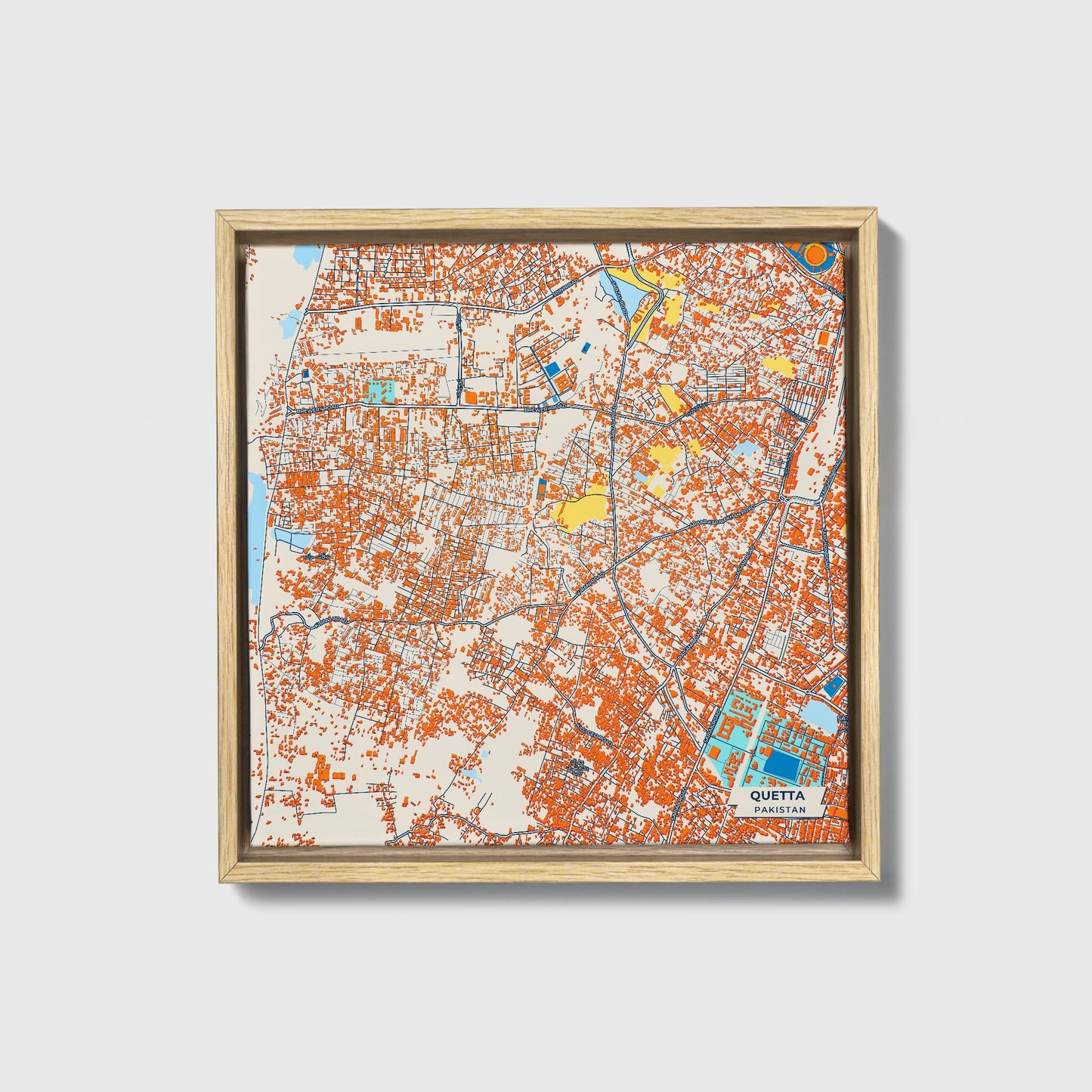 Quetta Pakistan Colorful City Map Canvas Print • Natural Wooden Framed