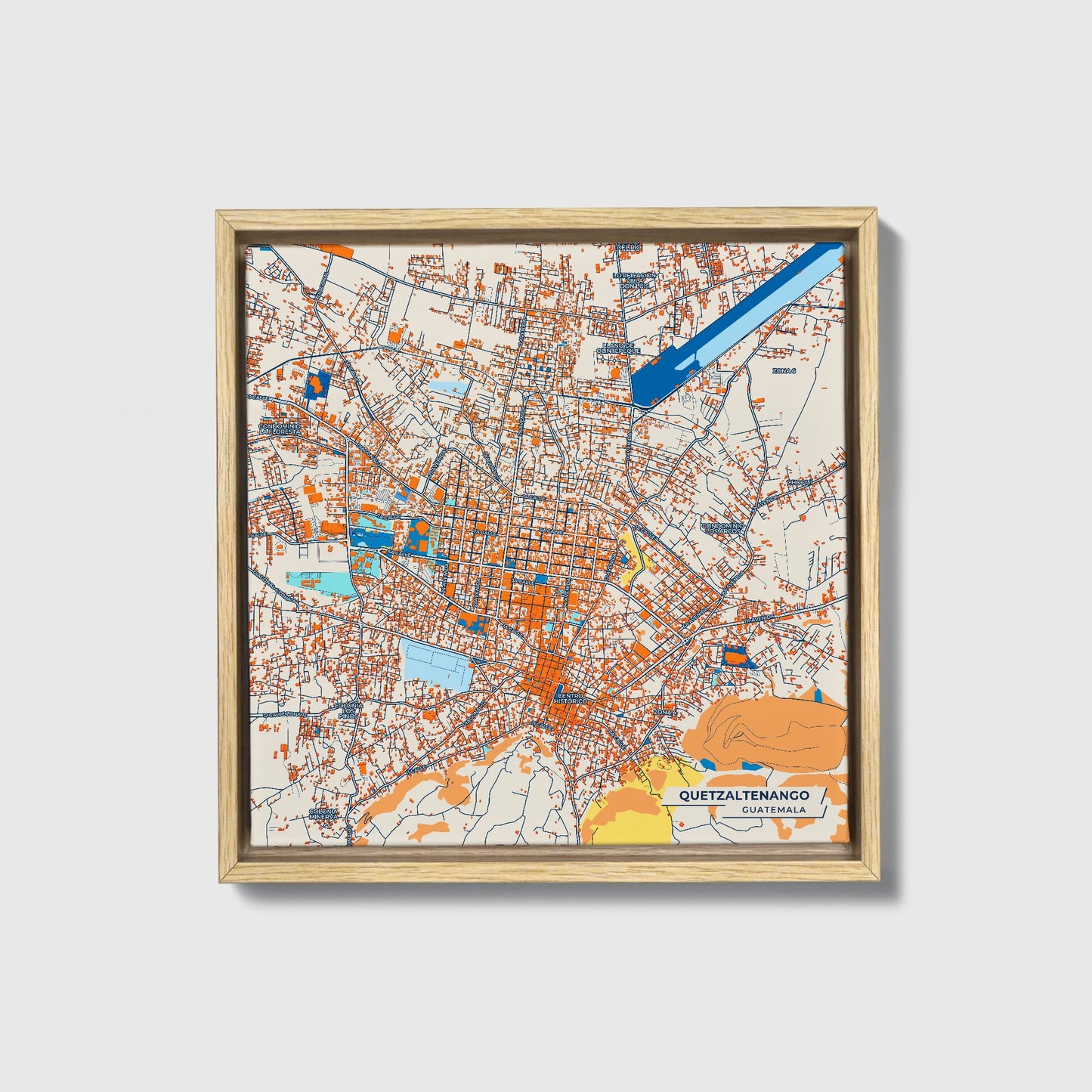 Quetzaltenango Guatemala Colorful City Map Canvas Print • Natural Wooden Framed
