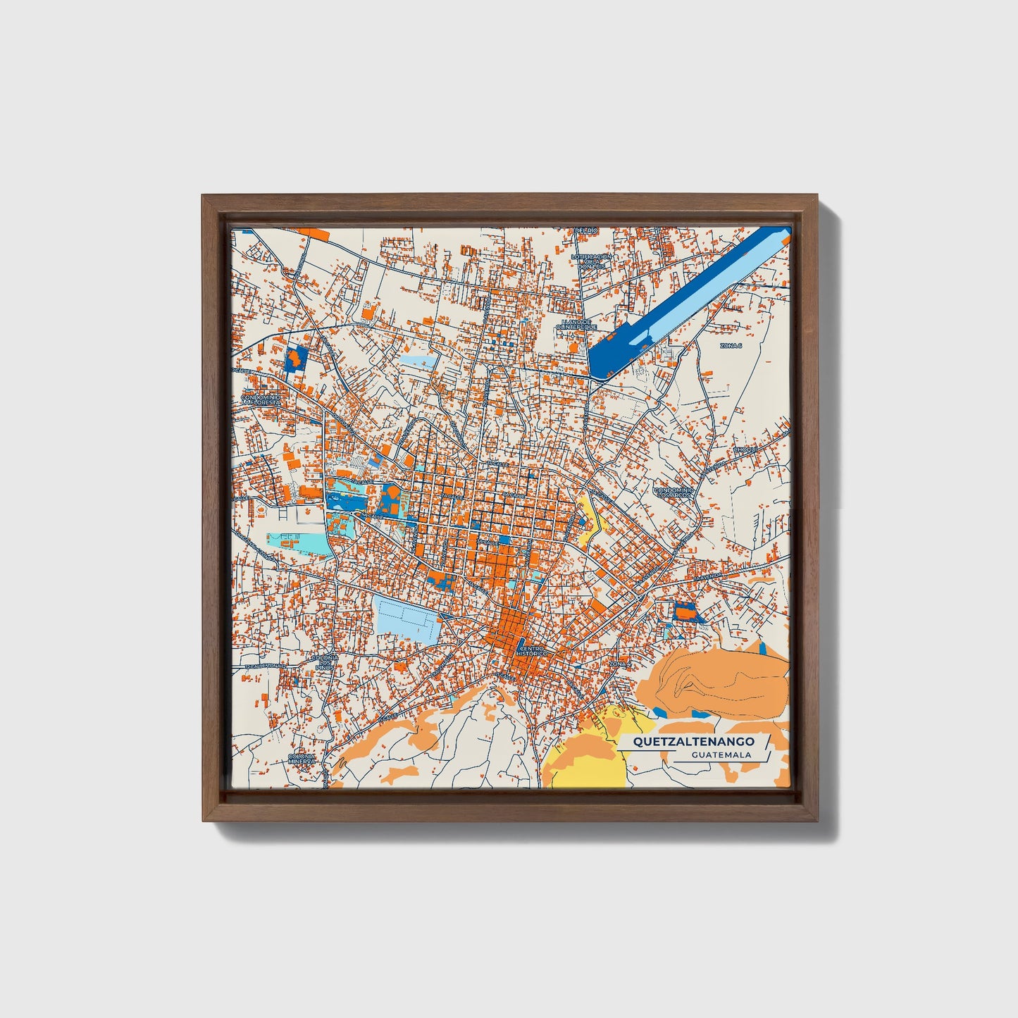 Quetzaltenango Guatemala Colorful City Map Canvas Print • Dark Wooden Framed