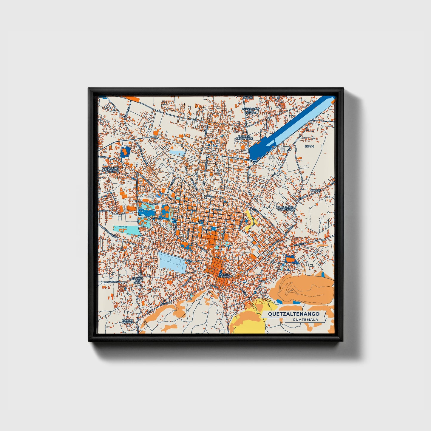 Quetzaltenango Guatemala Colorful City Map Canvas Print • Black Framed