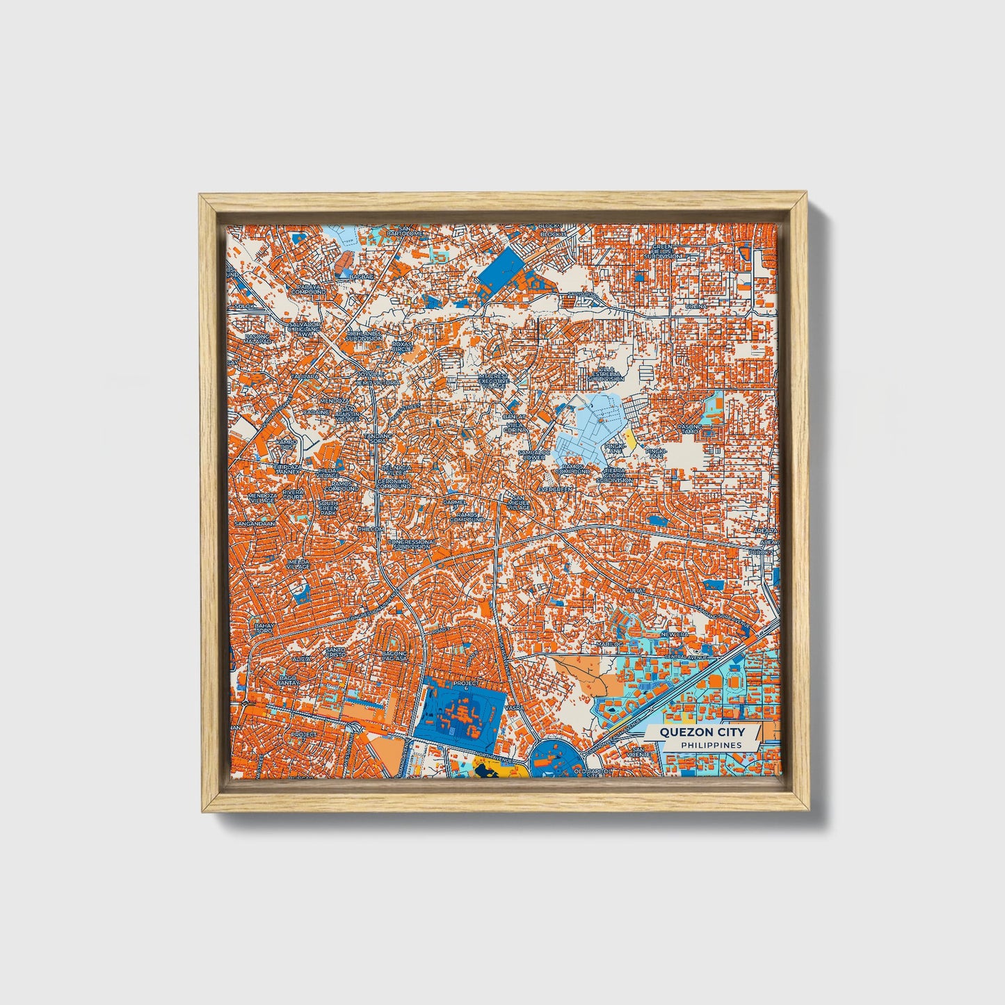 Quezon City Philippines Colorful City Map Canvas Print • Natural Wooden Framed