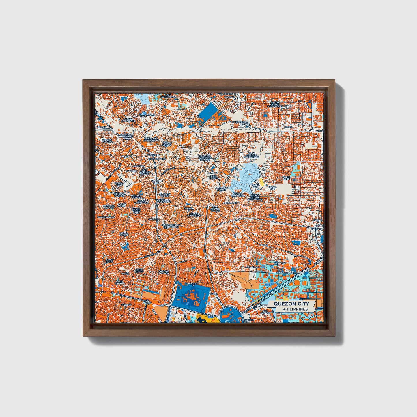 Quezon City Philippines Colorful City Map Canvas Print • Dark Wooden Framed