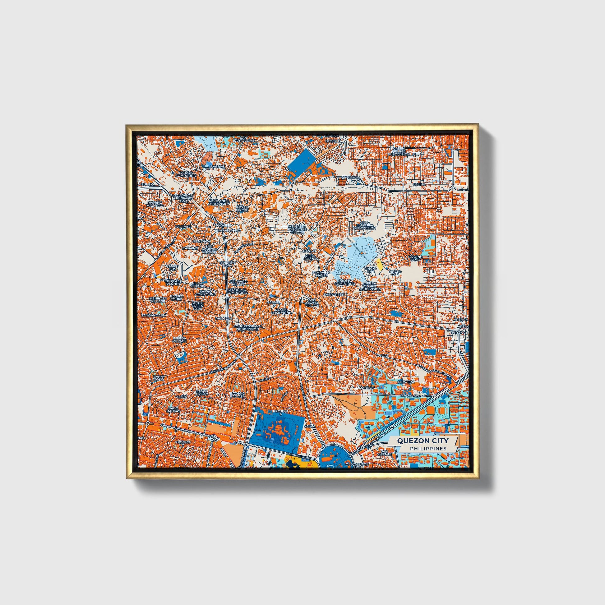Quezon City Philippines Colorful City Map Canvas Print • Gold Framed
