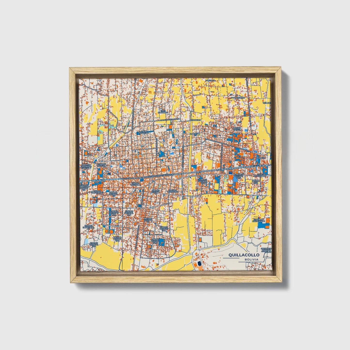 Quillacollo Bolivia Colorful City Map Canvas Print • Natural Wooden Framed