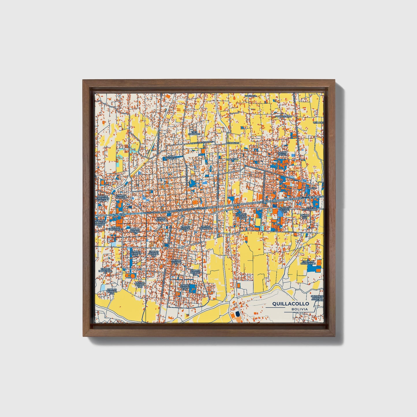 Quillacollo Bolivia Colorful City Map Canvas Print • Dark Wooden Framed