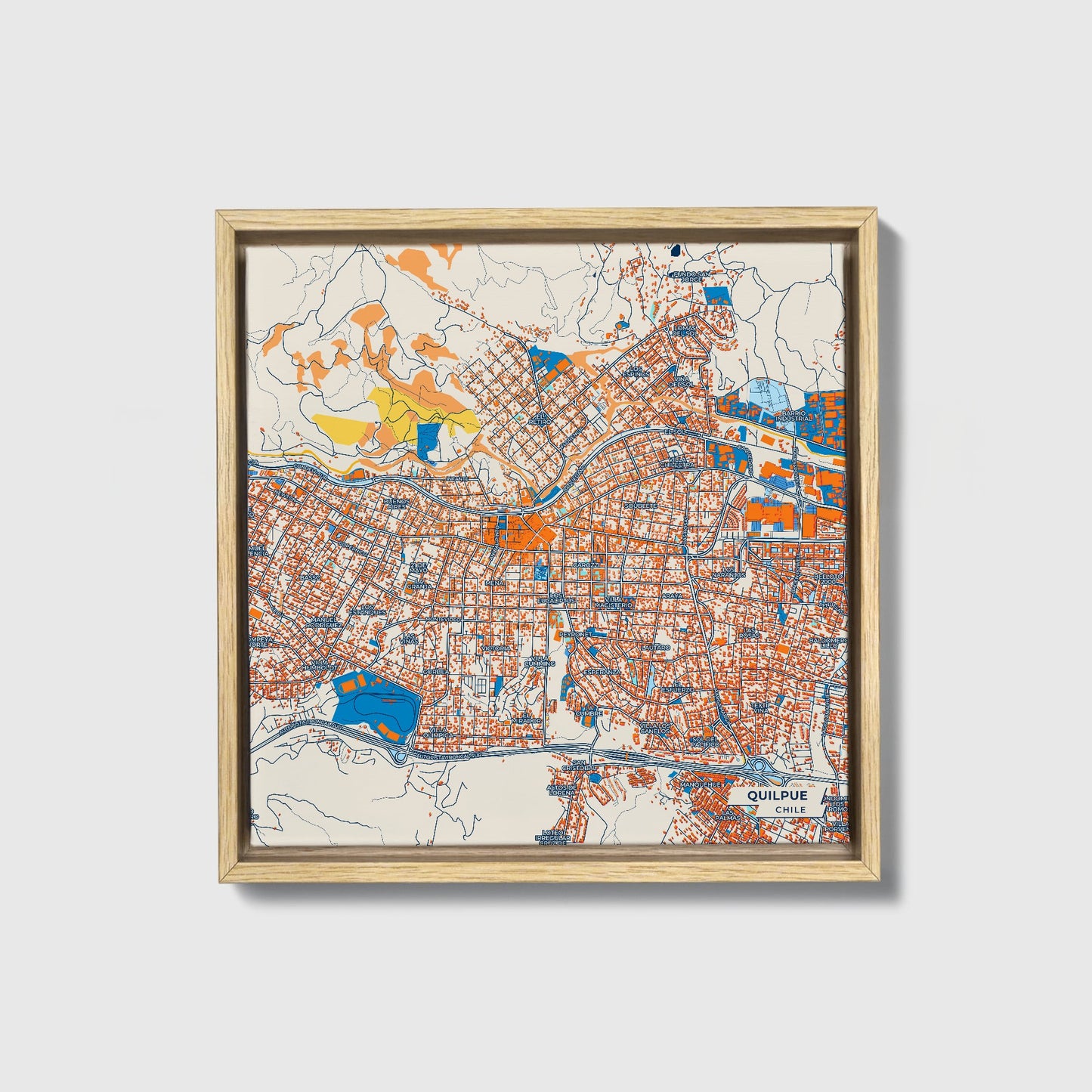 Quilpue Chile Colorful City Map Canvas Print • Natural Wooden Framed
