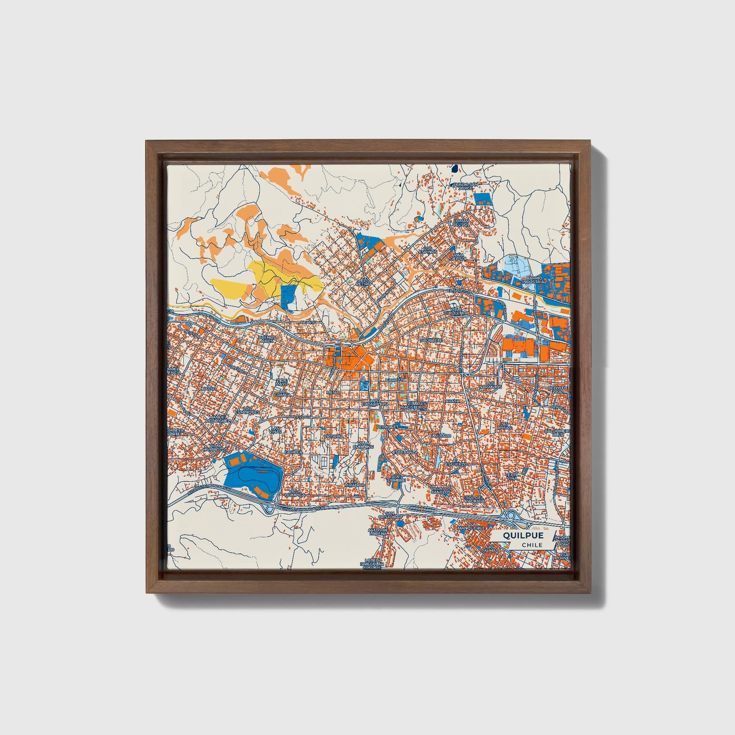 Quilpue Chile Colorful City Map Canvas Print • Dark Wooden Framed