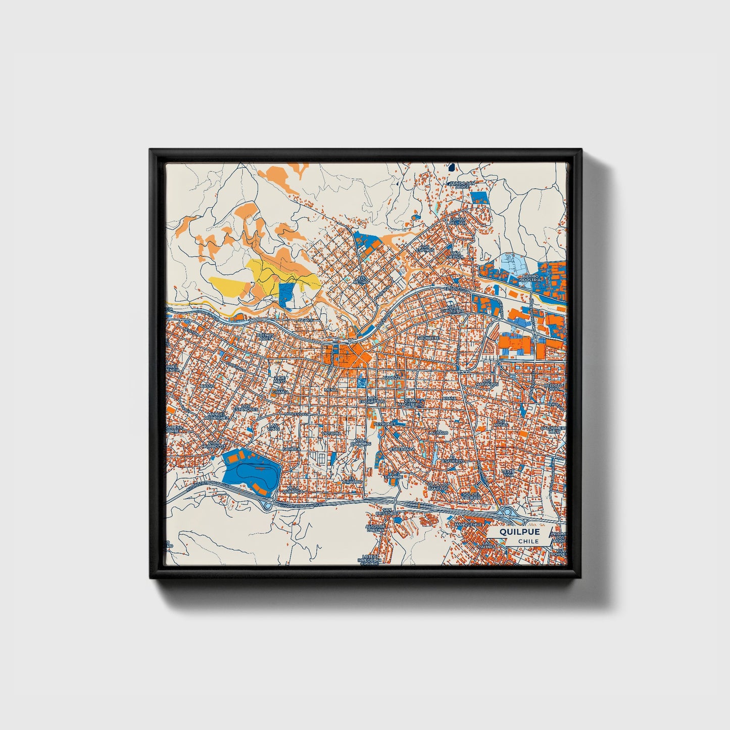 Quilpue Chile Colorful City Map Canvas Print • Black Framed