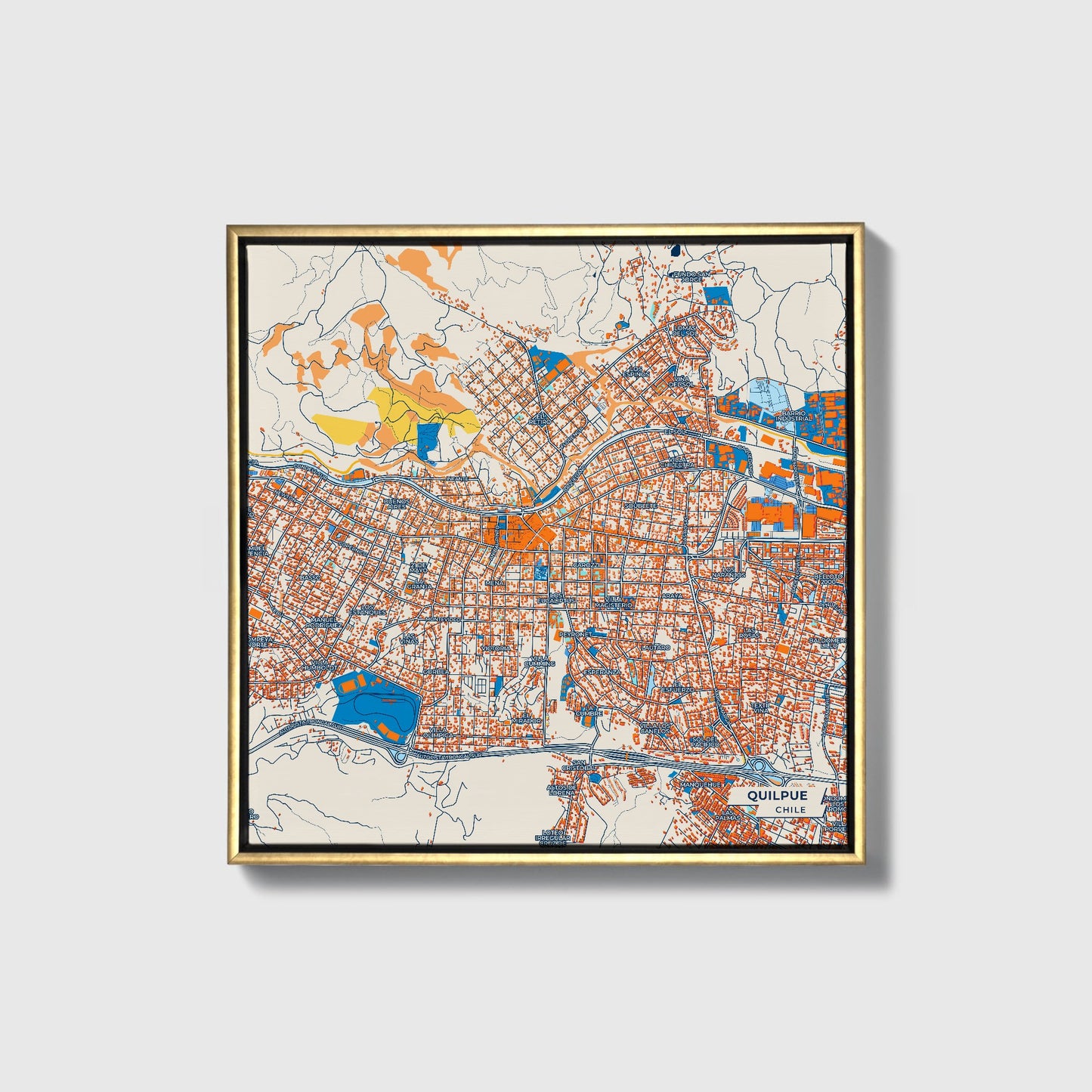 Quilpue Chile Colorful City Map Canvas Print • Gold Framed