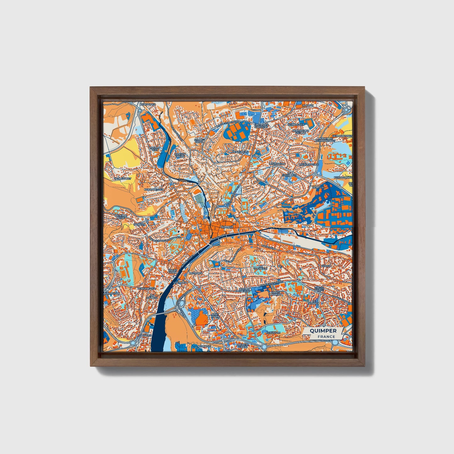 Quimper France Colorful City Map Canvas Print • Dark Wooden Framed