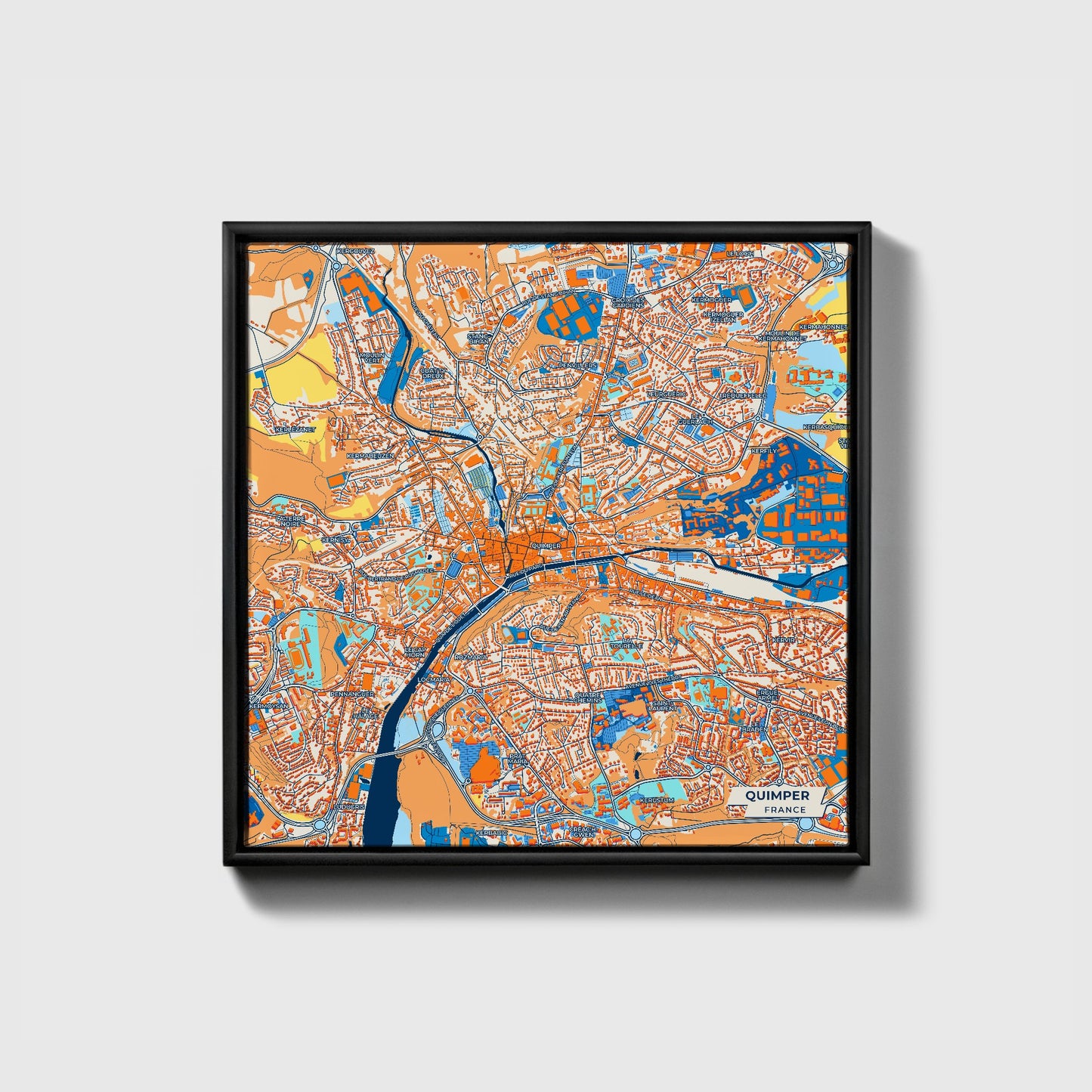 Quimper France Colorful City Map Canvas Print • Black Framed