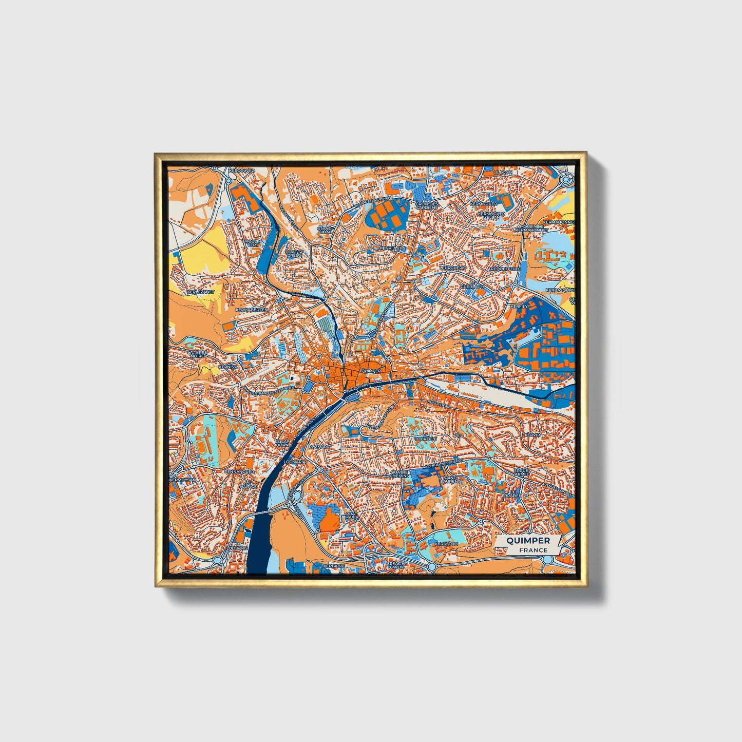 Quimper France Colorful City Map Canvas Print • Gold Framed