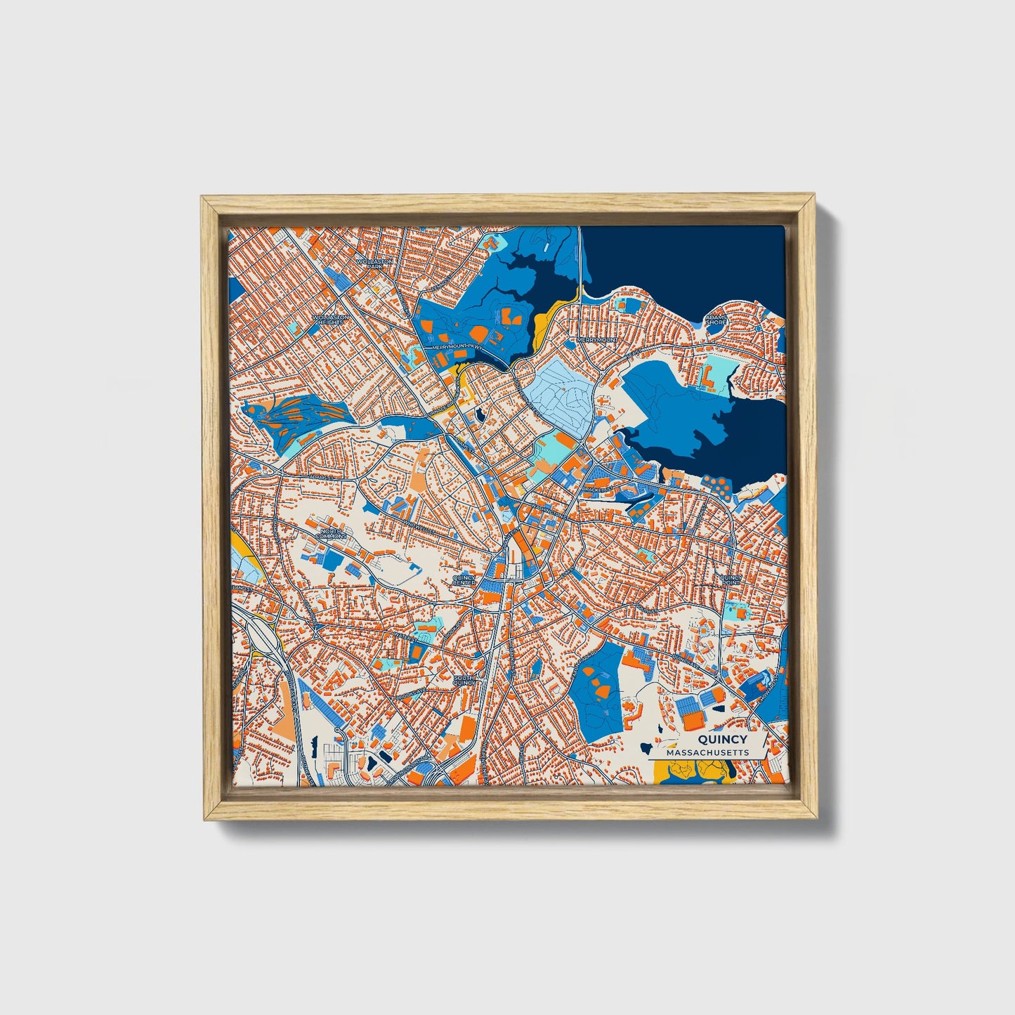 Quincy Massachusetts Colorful City Map Canvas Print • Natural Wooden Framed