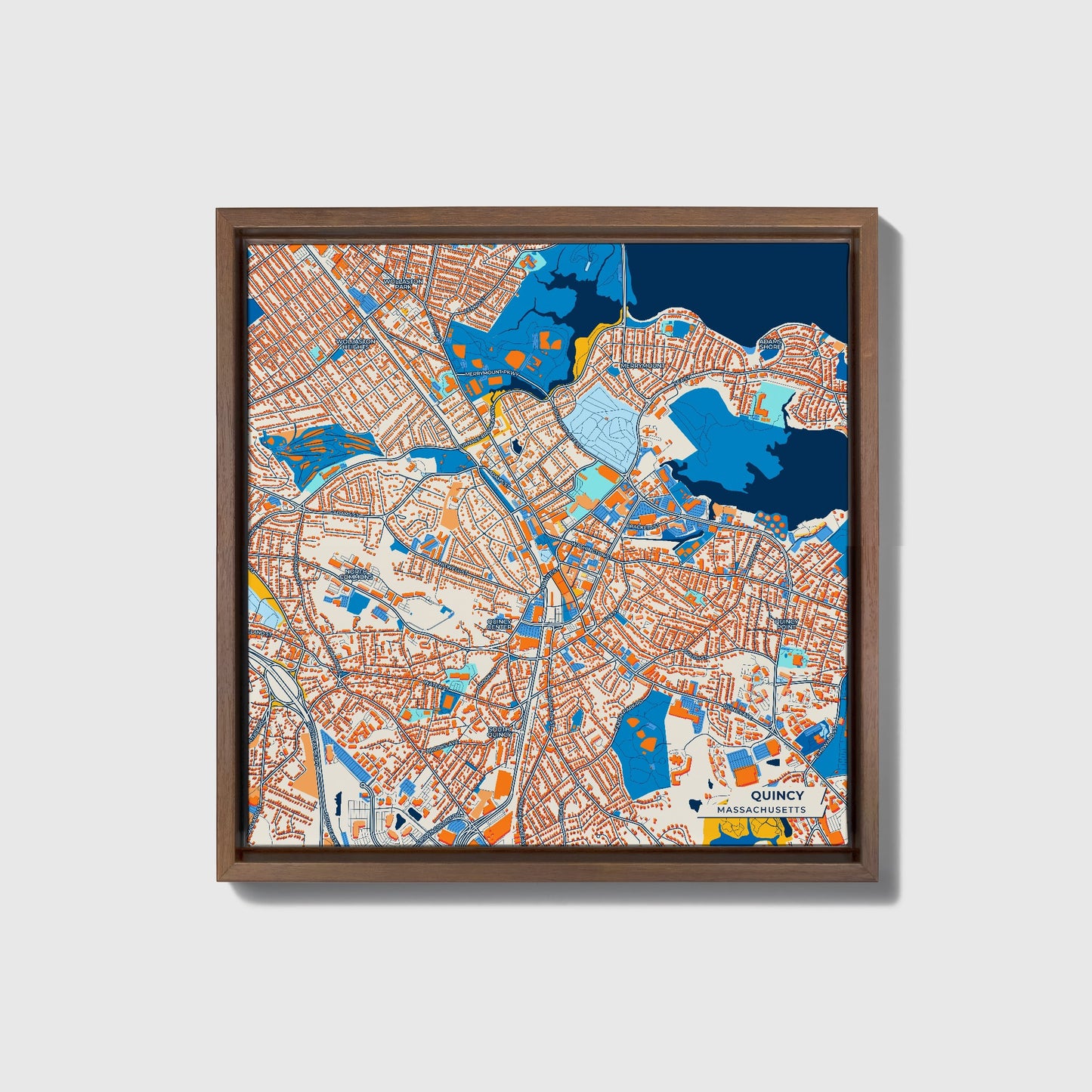 Quincy Massachusetts Colorful City Map Canvas Print • Dark Wooden Framed