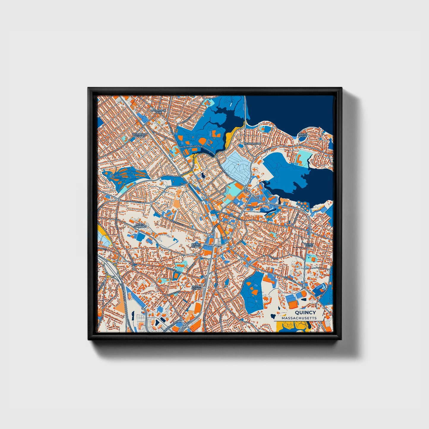 Quincy Massachusetts Colorful City Map Canvas Print • Black Framed