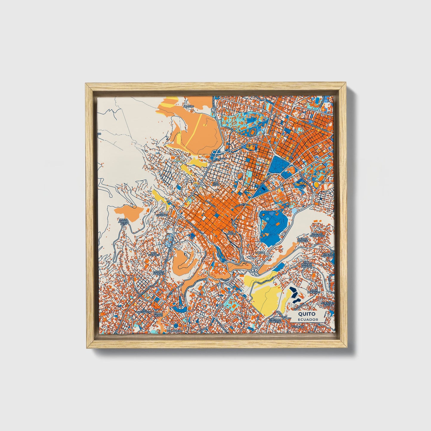Quito Ecuador Colorful City Map Canvas Print • Natural Wooden Framed