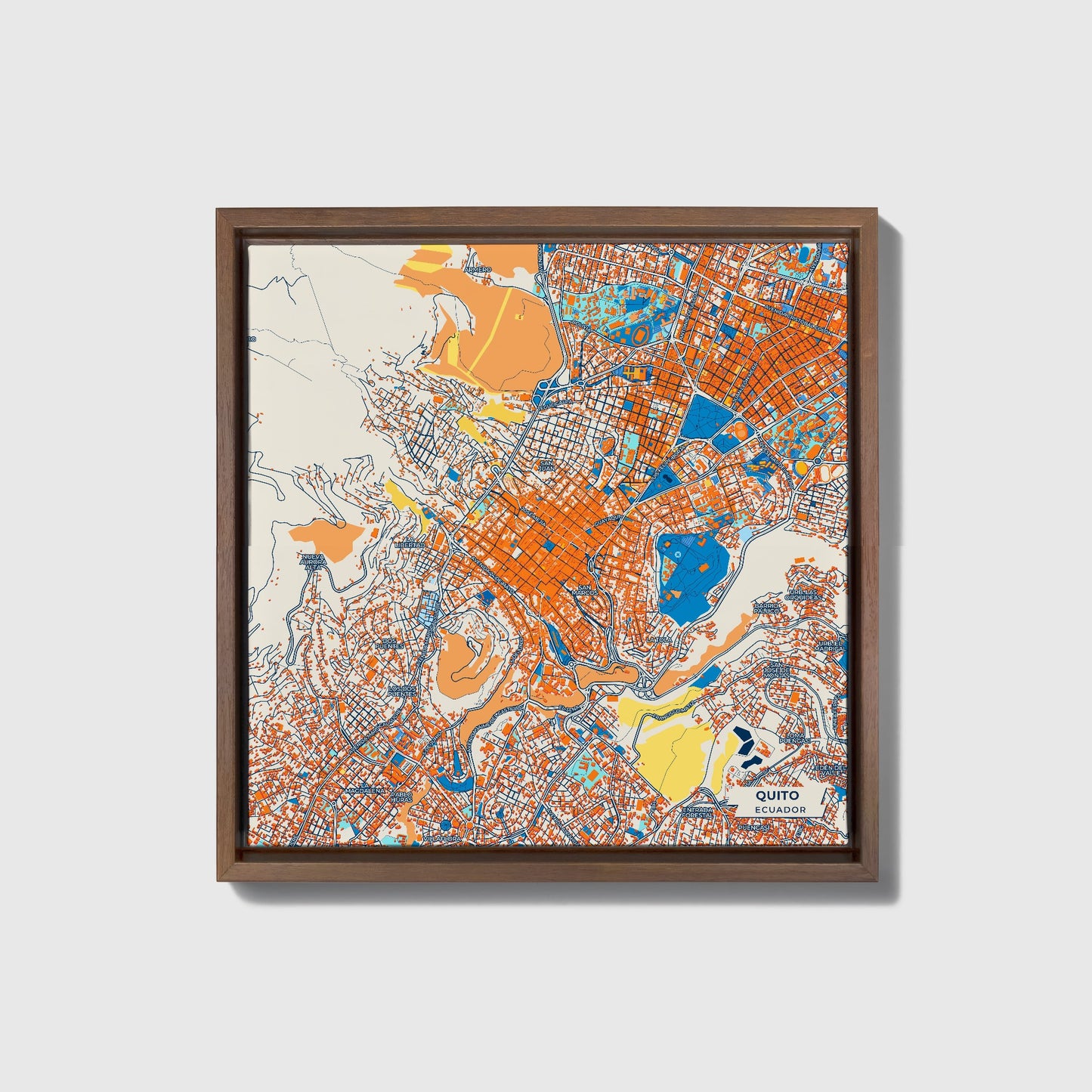 Quito Ecuador Colorful City Map Canvas Print • Dark Wooden Framed