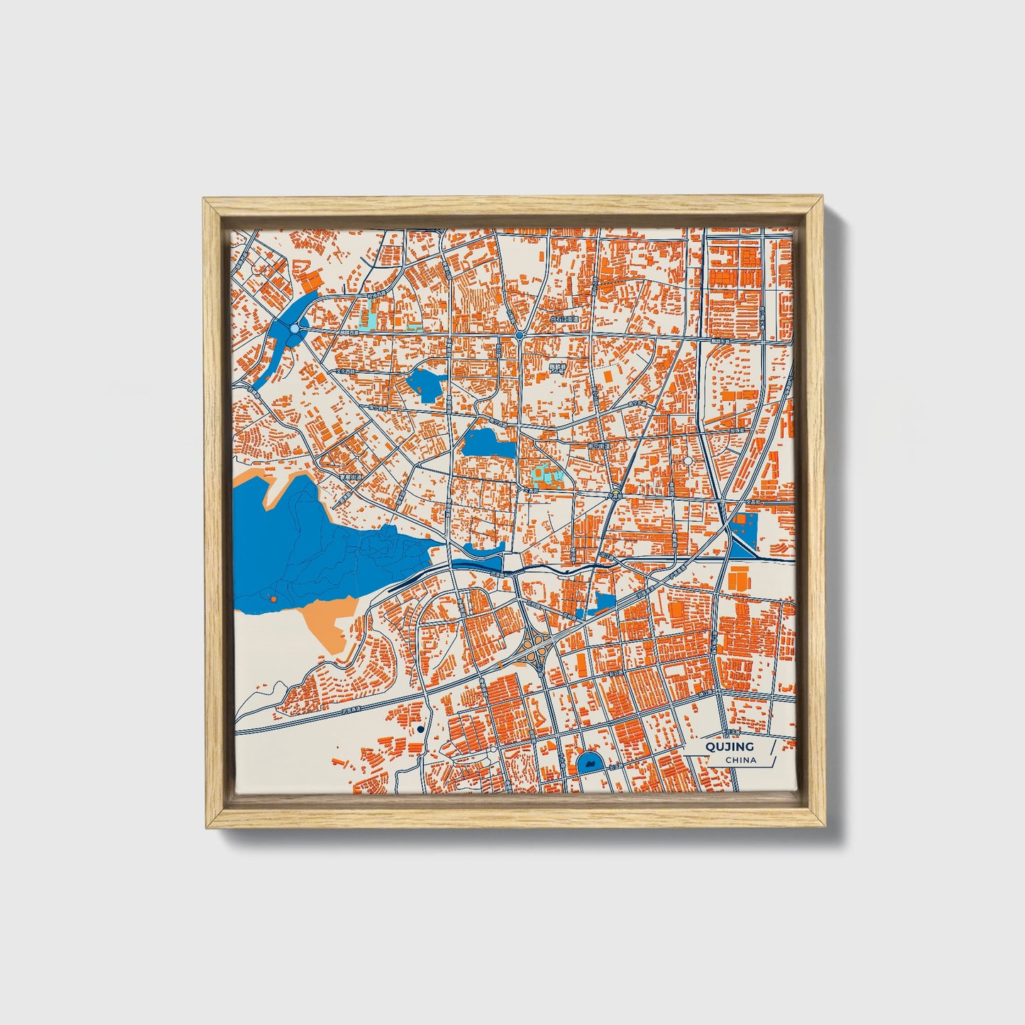 Qujing China Colorful City Map Canvas Print • Natural Wooden Framed
