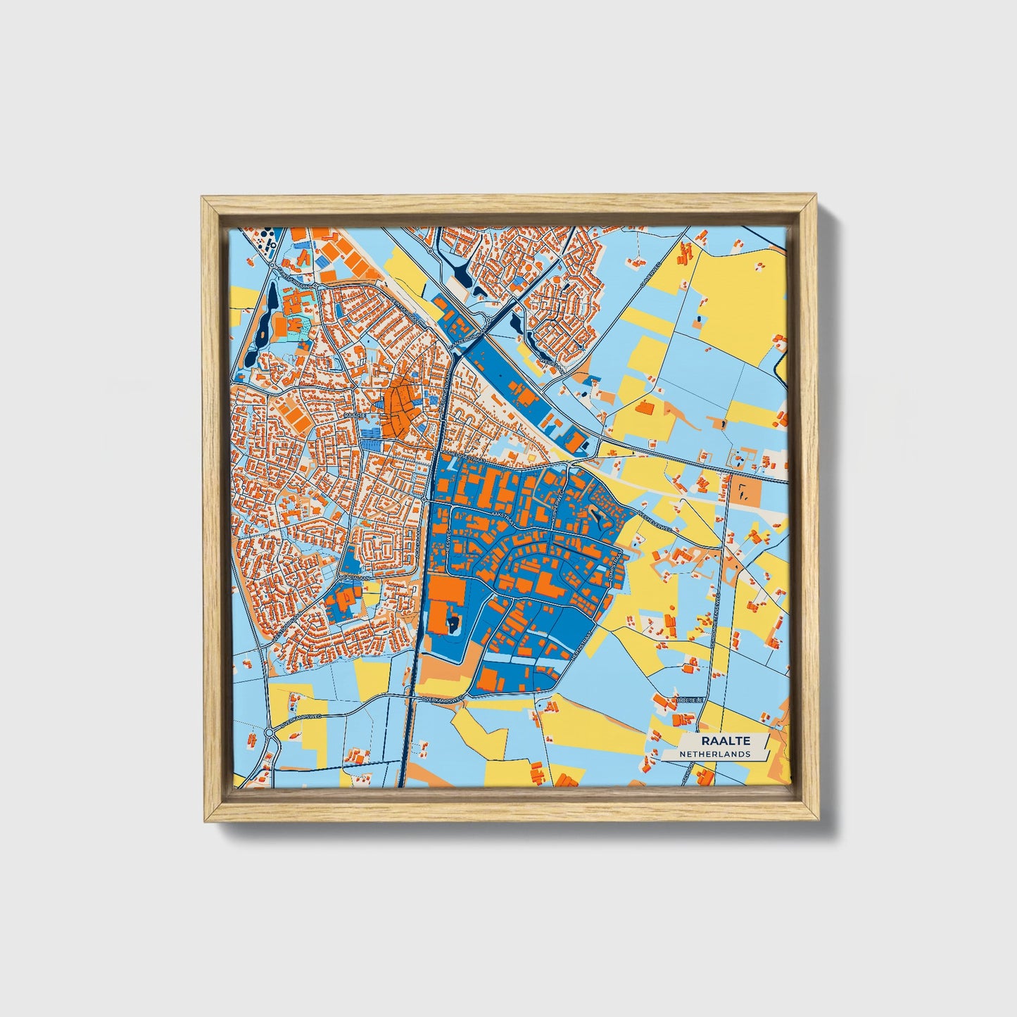 Raalte Netherlands Colorful City Map Canvas Print • Natural Wooden Framed