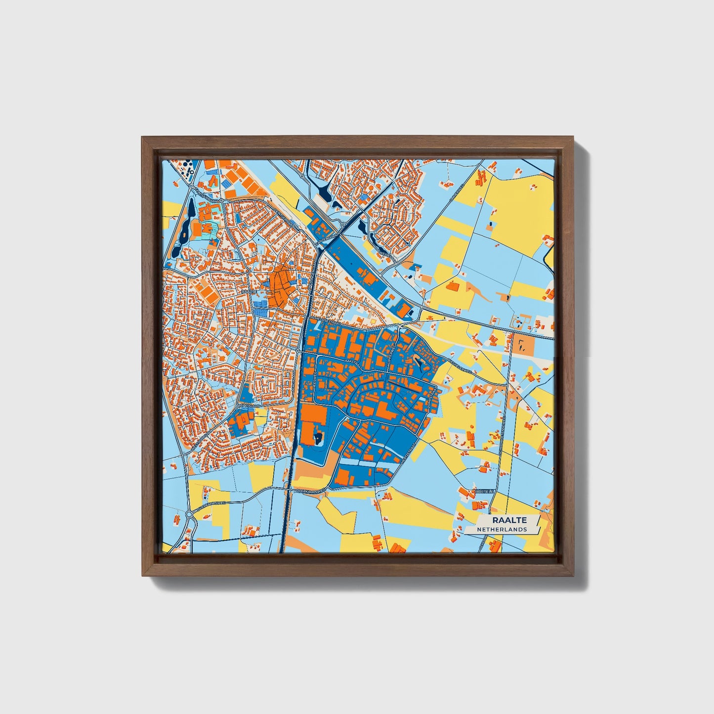 Raalte Netherlands Colorful City Map Canvas Print • Dark Wooden Framed